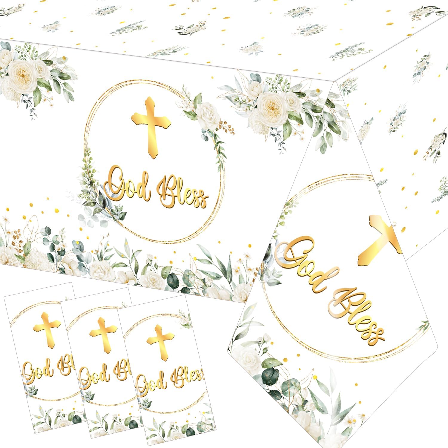 Decoraciones de primera comunión, mantel de bautismo con texto en inglés “God Bless Bautismo”, 3 piezas de mantel blanco para recién nacidos, baby