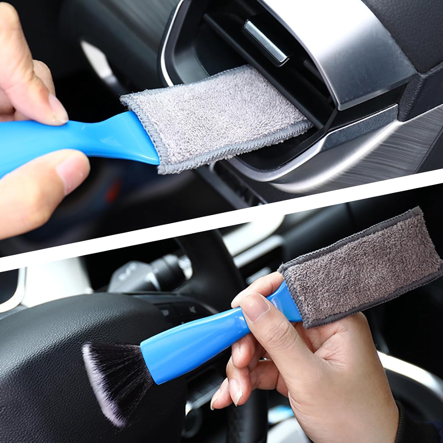 Hawyet 1 cepillo de limpieza de doble cabezal para detalles de automóvil, 8.6 x 1.9 pulgadas, ABS de limpieza interior con pelo de nailon,