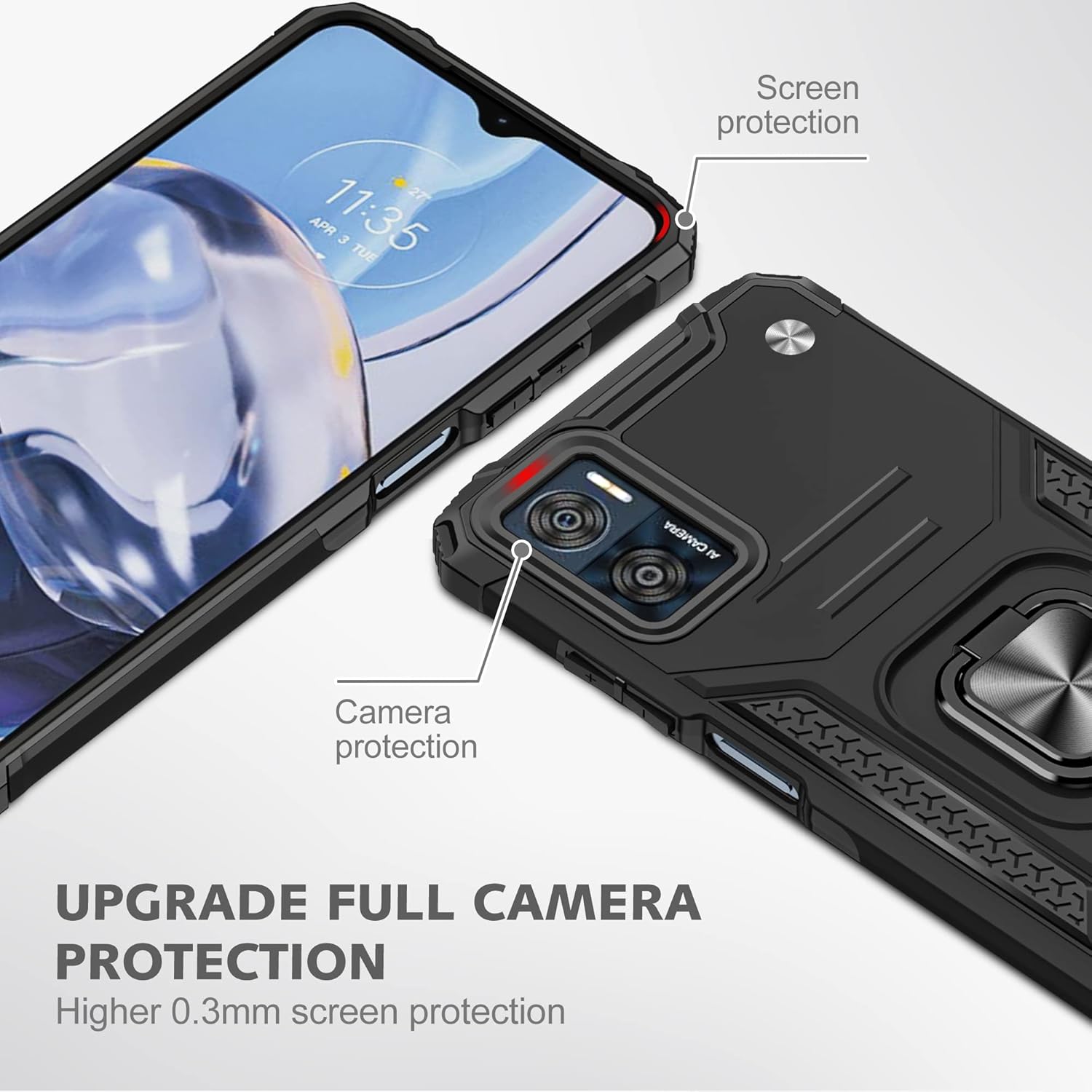 Asuwish Funda de teléfono para Motorola Moto E22E22i 4G con protector de pantalla de vidrio templado y soporte de anillo delgado híbrido protector