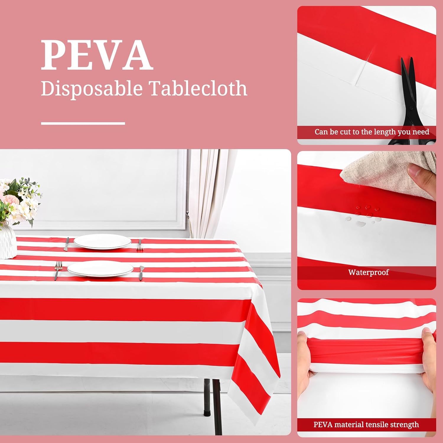 Paquete de 20 manteles rectangulares de plástico a rayas rojas, impermeables, de 54 x 108 pulgadas, desechables de carnaval, circo, clásico, rojo y
