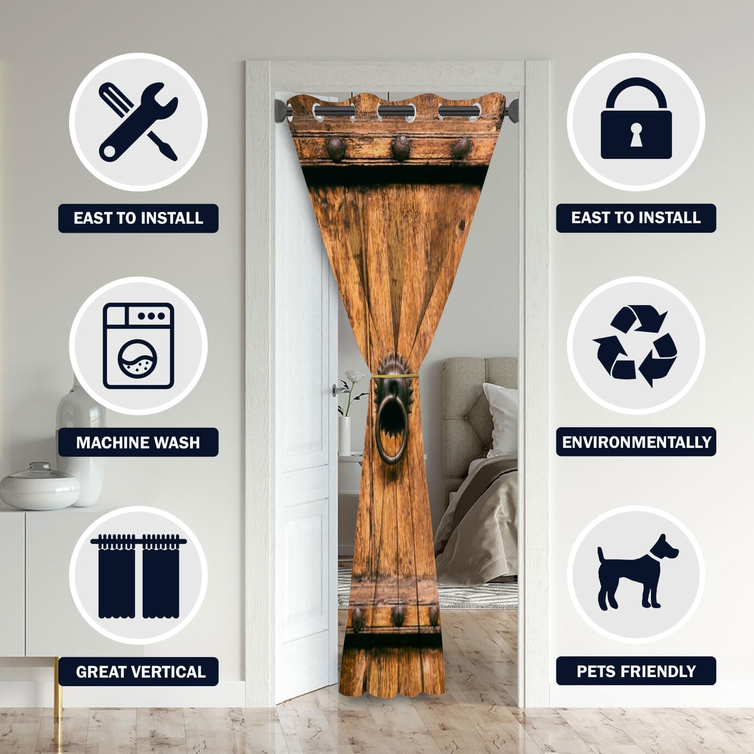 Cortinas opacas de madera para puertas, diseño de granero, estilo rural, para armario de dormitorio de niños, con ojales, aislamiento térmico,