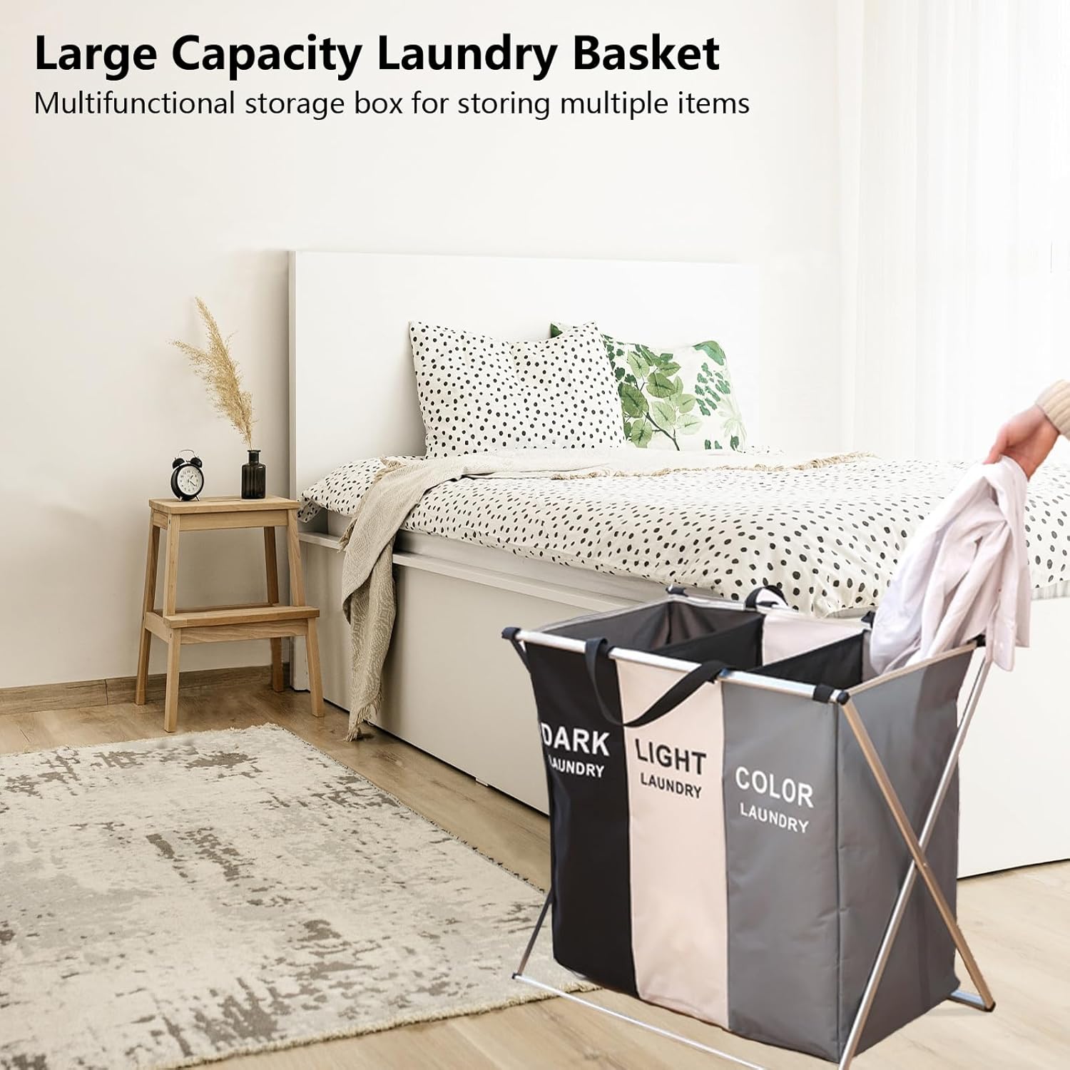 Cesta de lavandería mejorada de 136 litros, clasificadora de 3 secciones, impermeable y plegable, bolsa de almacenamiento para ropa sucia, juguetes,