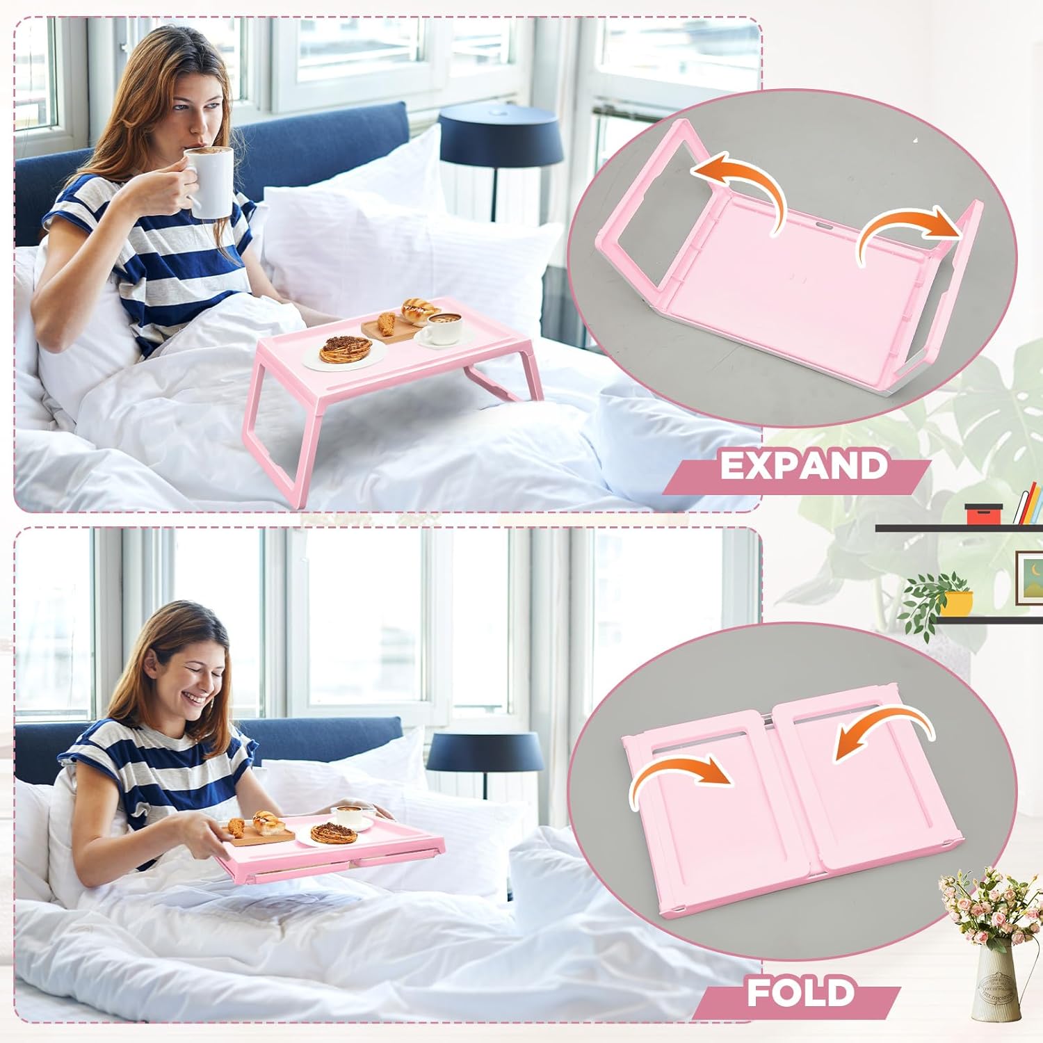 Paquete de 4 bandejas plegables para desayuno en la cama, bandejas de plástico para regazo, patas plegables con asas, bandejas de alimentos para