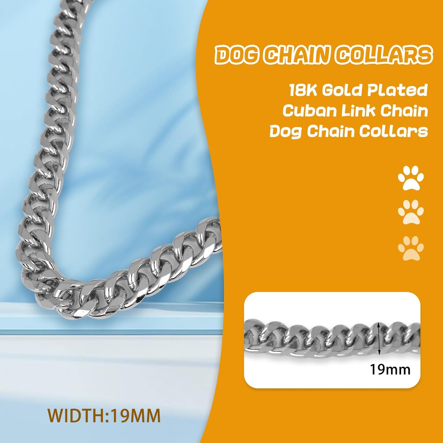BAOBOTE Collar de cadena de metal chapado en plata de 18 quilates de 0.748 in de grosor para perros (16 pulgadas, plateado)