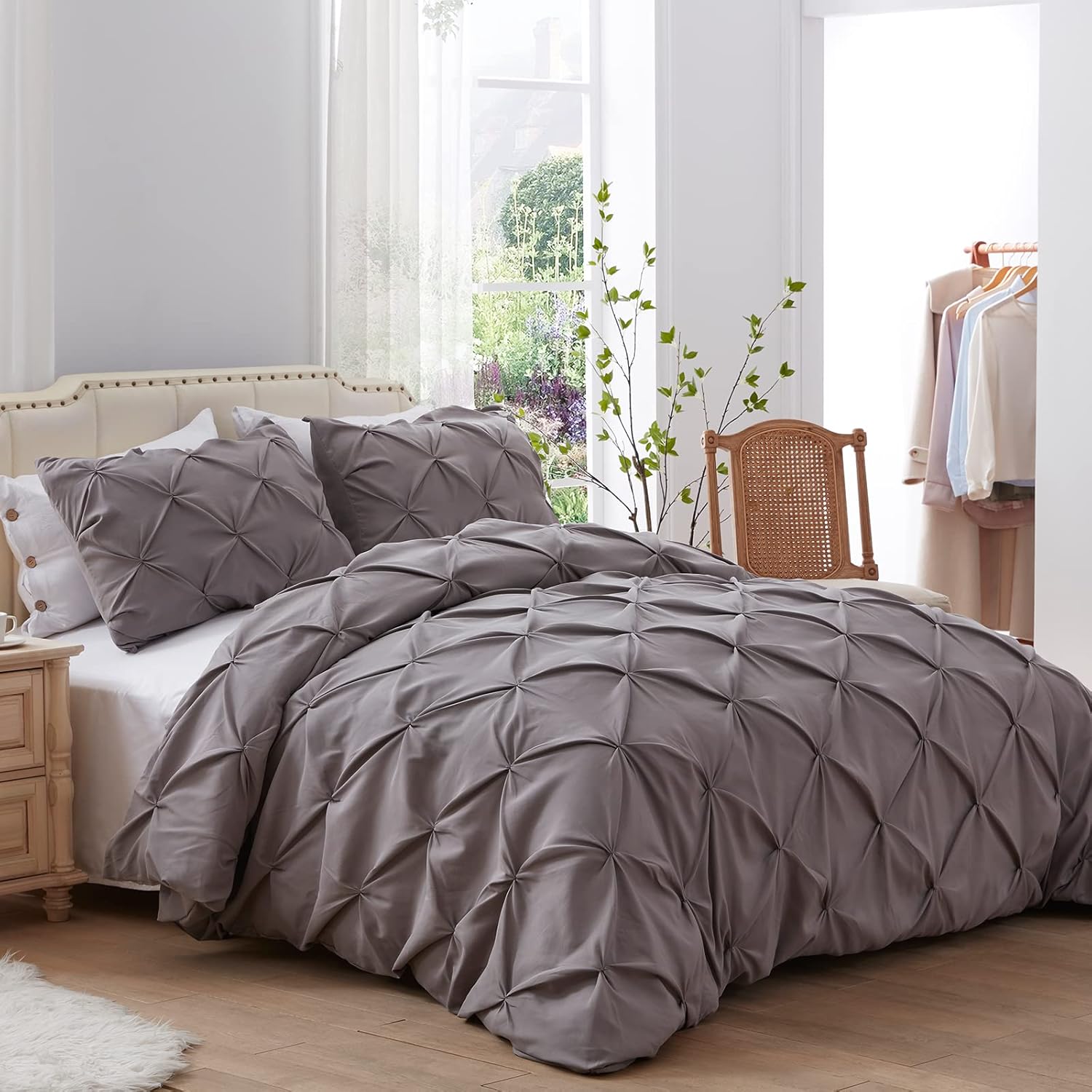 SunStyle Home Funda de edredón plisada gris de 3 piezas, fundas de edredón tamaño Queen, funda de edredón de lujo de microfibra suave con cierre de