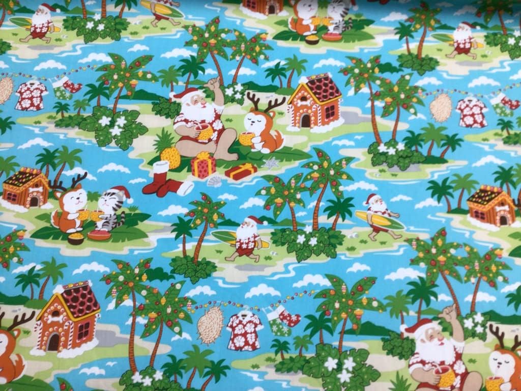 Tela hawaiana con estampado de Papá Noel de fondo azul en algodón vendido por The Yard