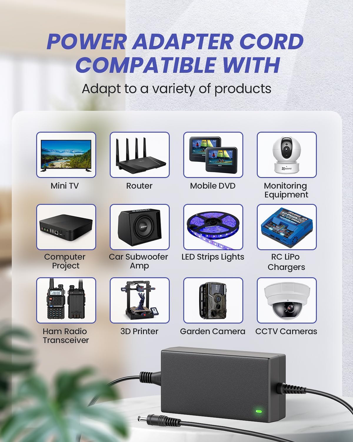 Fuente de alimentación de 12 voltios, 5 amperios, 60 W, adaptador de CA 100-240 V para tira de luz LED, enrutador inalámbrico, gatos ADSL, HUB,