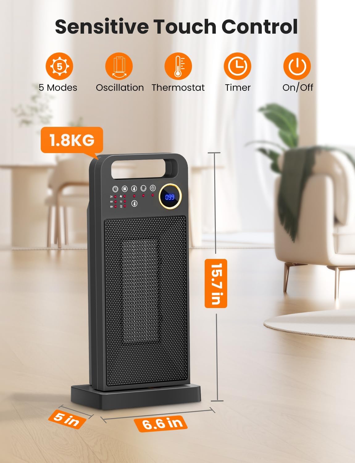 merloly – Calentadores de espacio para uso en interiores, calentador portátil de cerámica PTC de 1500 W con termostato, oscilación de 80, 5 modos,