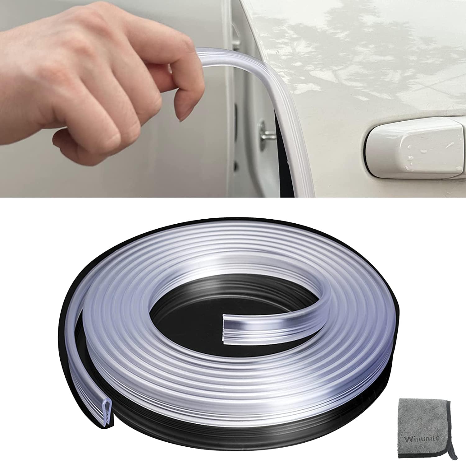 Winunite Protectores de borde de puerta de automóvil transparentes de 16.4 pies, se adaptan a la mayoría de vehículos, PVC autoadhesivo, en forma de