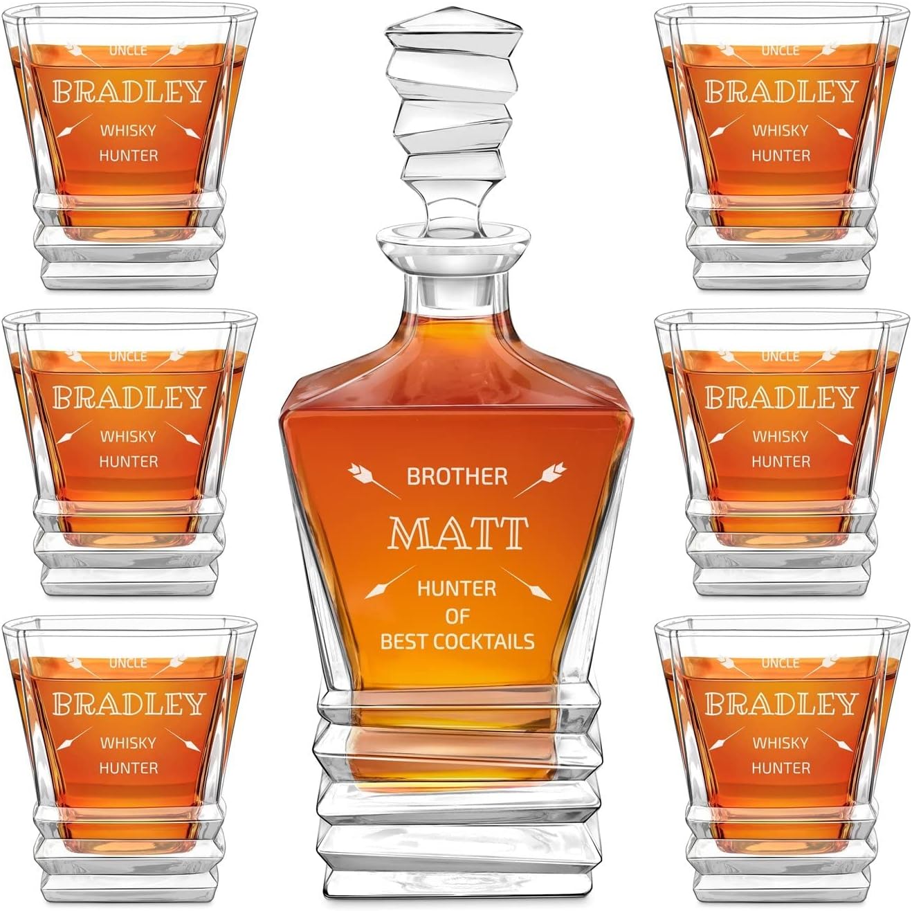 Maverton Juego de whisky grabado para hombre – Elegante jarra geométrica con 6 vasos para él – Juego geométrico con grabado – Barware personalizado
