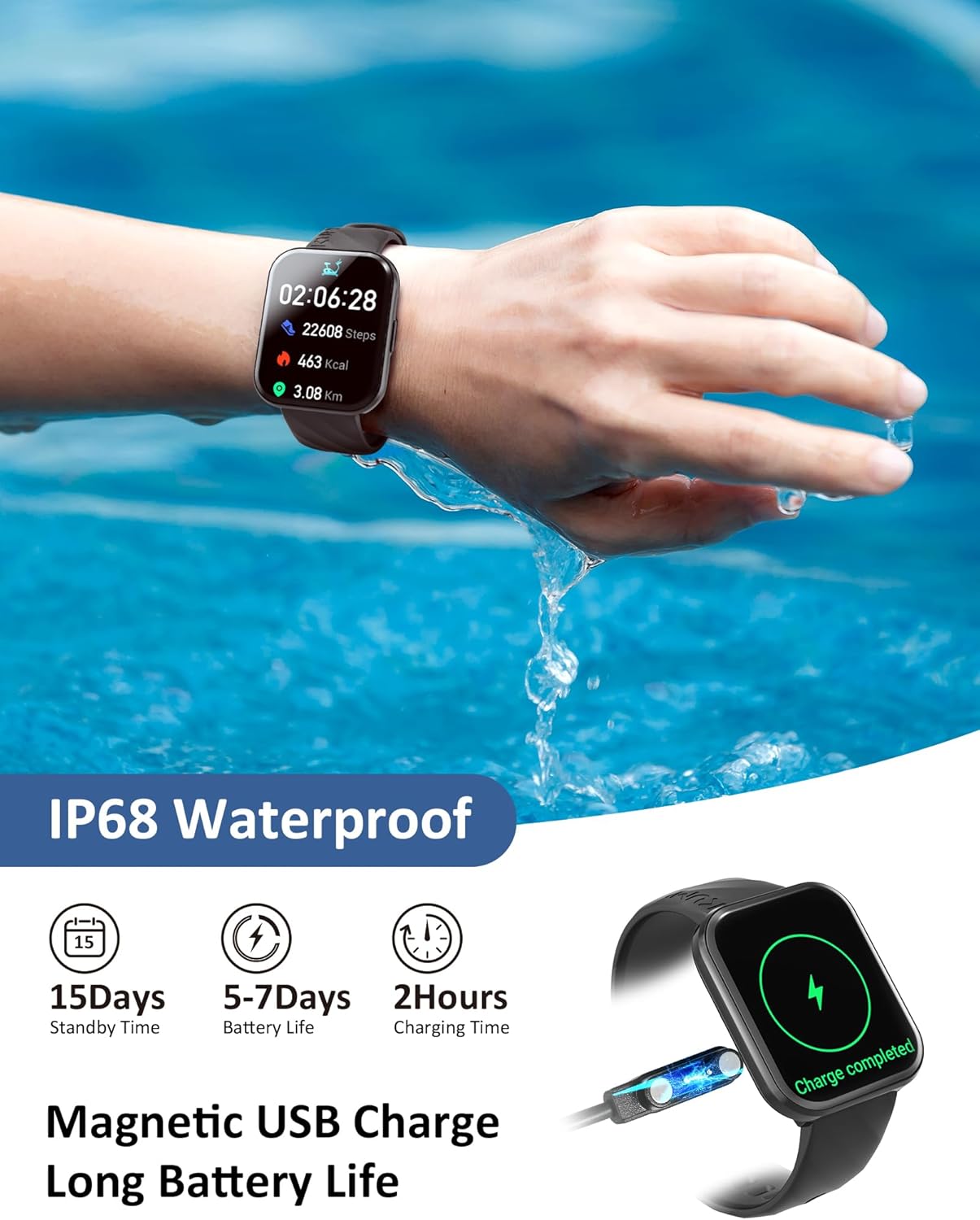 Kumi Reloj inteligente para hombre, reloj inteligente de 1.96 pulgadas para Android iOS (respuestahacer llamadas), frecuencia cardíaca, SpO2 y