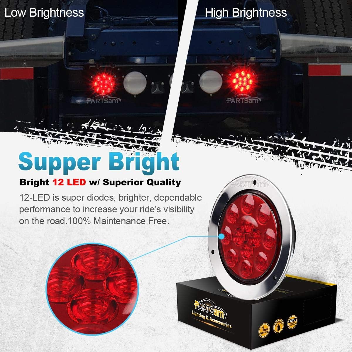 Partsam 8 luces traseras LED redondas de 4 pulgadas, color rojo, 12 LED, montaje en brida, camión, remolque, caravana, freno, marcador de giro,