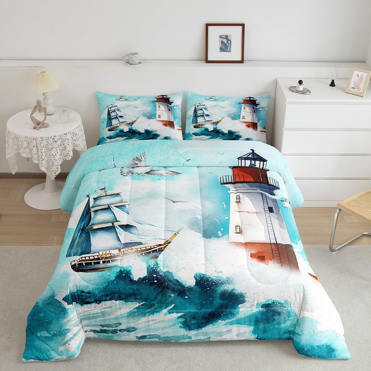Castle Fairy Juego de edredón náutico tamaño individual, juego de ropa de cama de 2 piezas para niños, adolescentes, niños, niñas, decoración de