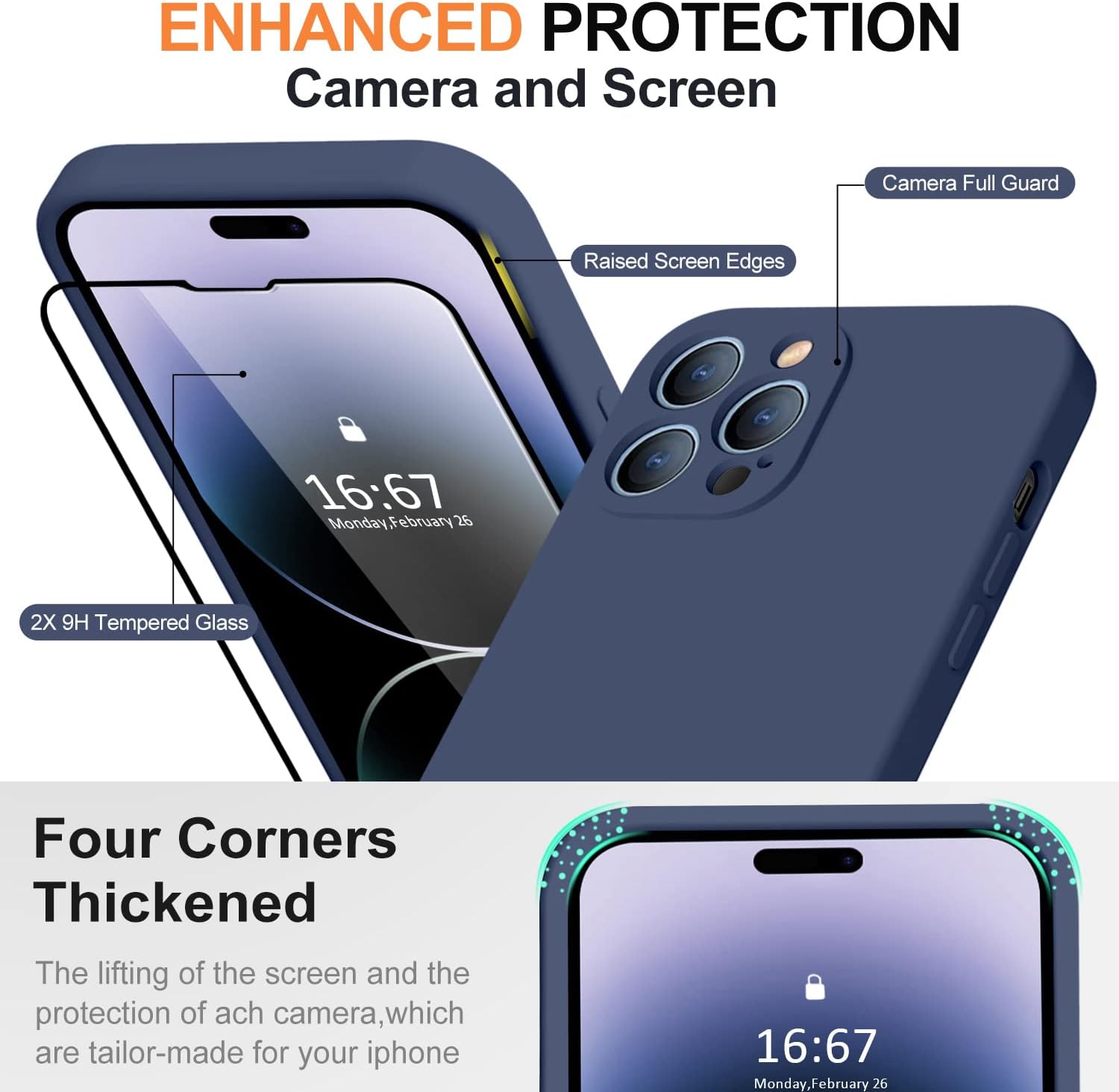 TISOOG Funda compatible con iPhone 14 Pro Max, con 2 protectores de pantalla de vidrio templado 9H, protección de cámara forro de microfibra Funda