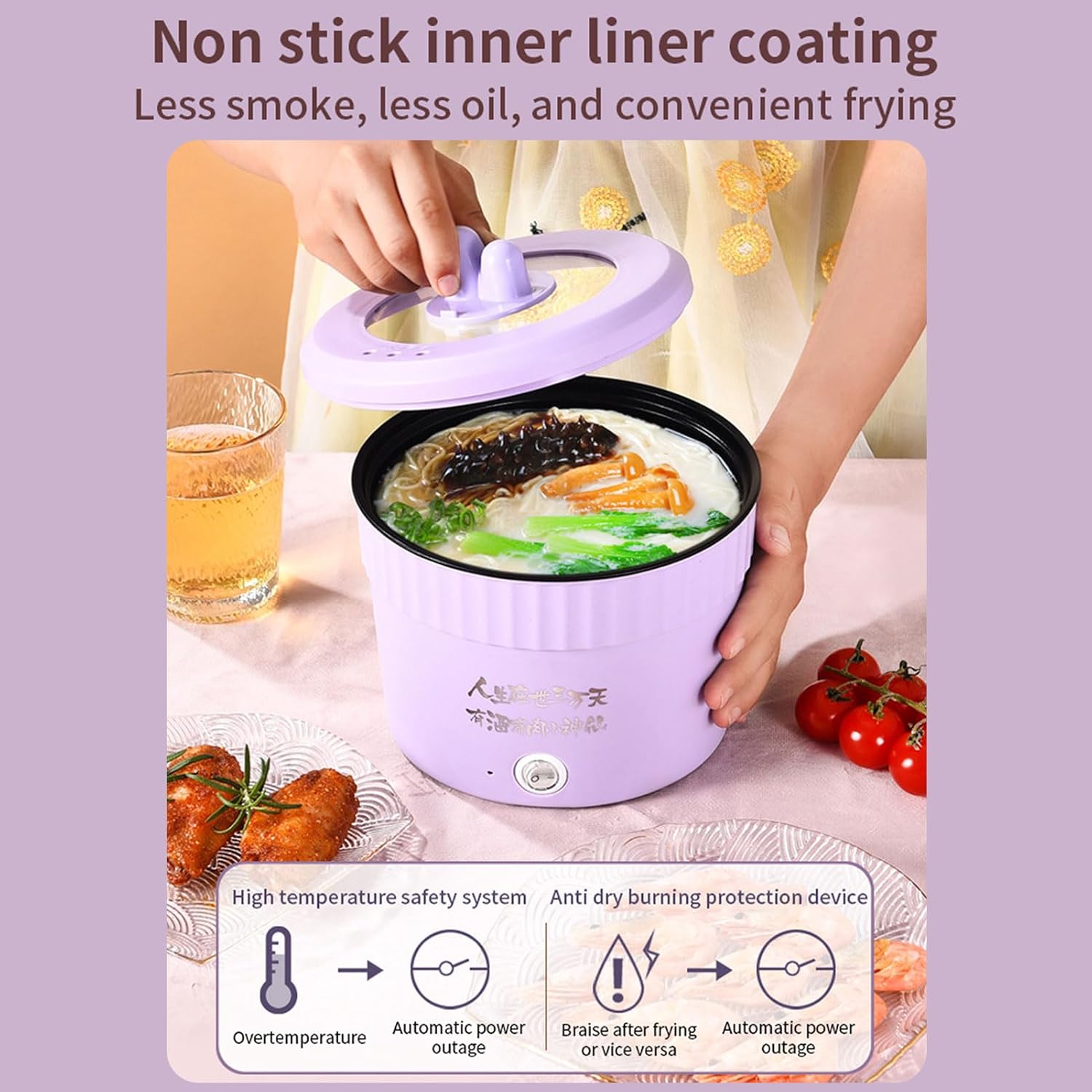 Mini olla eléctrica, olla pequeña multifuncional, olla caliente eléctrica versátil, sartén de 1.2 L con tapa y soporte para teléfono, olla de ramen