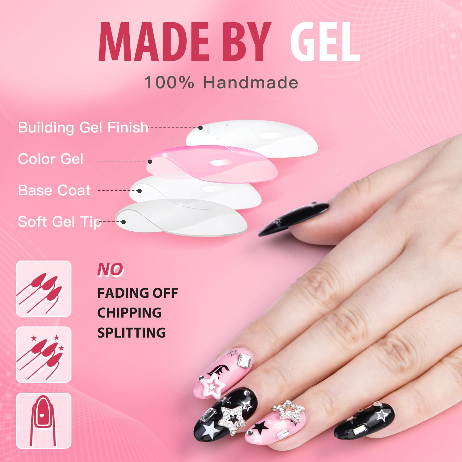 Yasterd Uñas postizas a presión de almendra mediana con diseño de corazón malvado, 100% pintadas a mano, gel reutilizable, acabado UV, uñas postizas