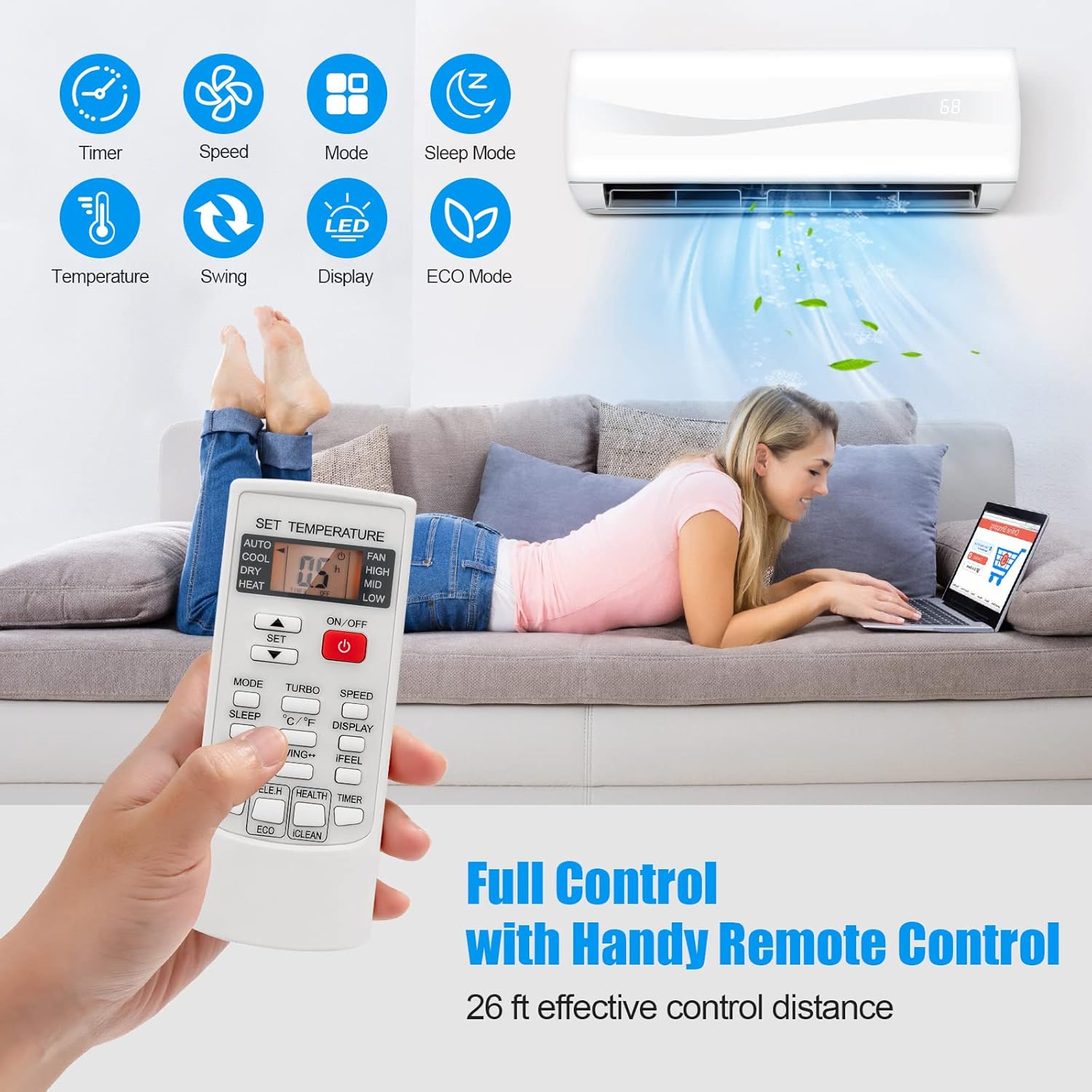 RELAX4LIFE Mini sistema de aire acondicionado divididocalefacción, 9000 BTU sin conductos Mini Split Aire acondicionado con bomba de calor, control