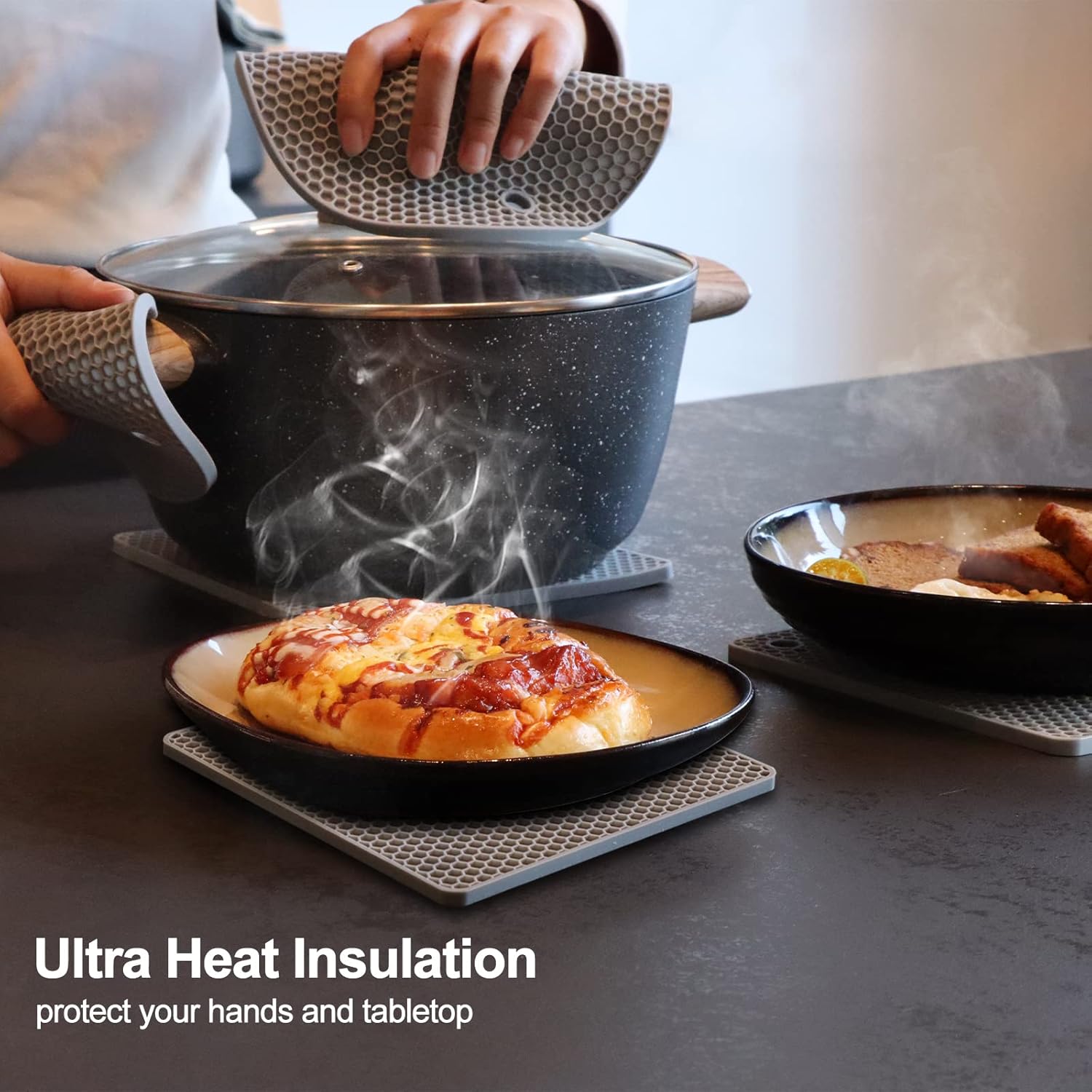 Coomin Salvamanteles de silicona para platos calientes, 4 alfombrillas resistentes al calor para encimeras, almohadillas calientes antideslizantes