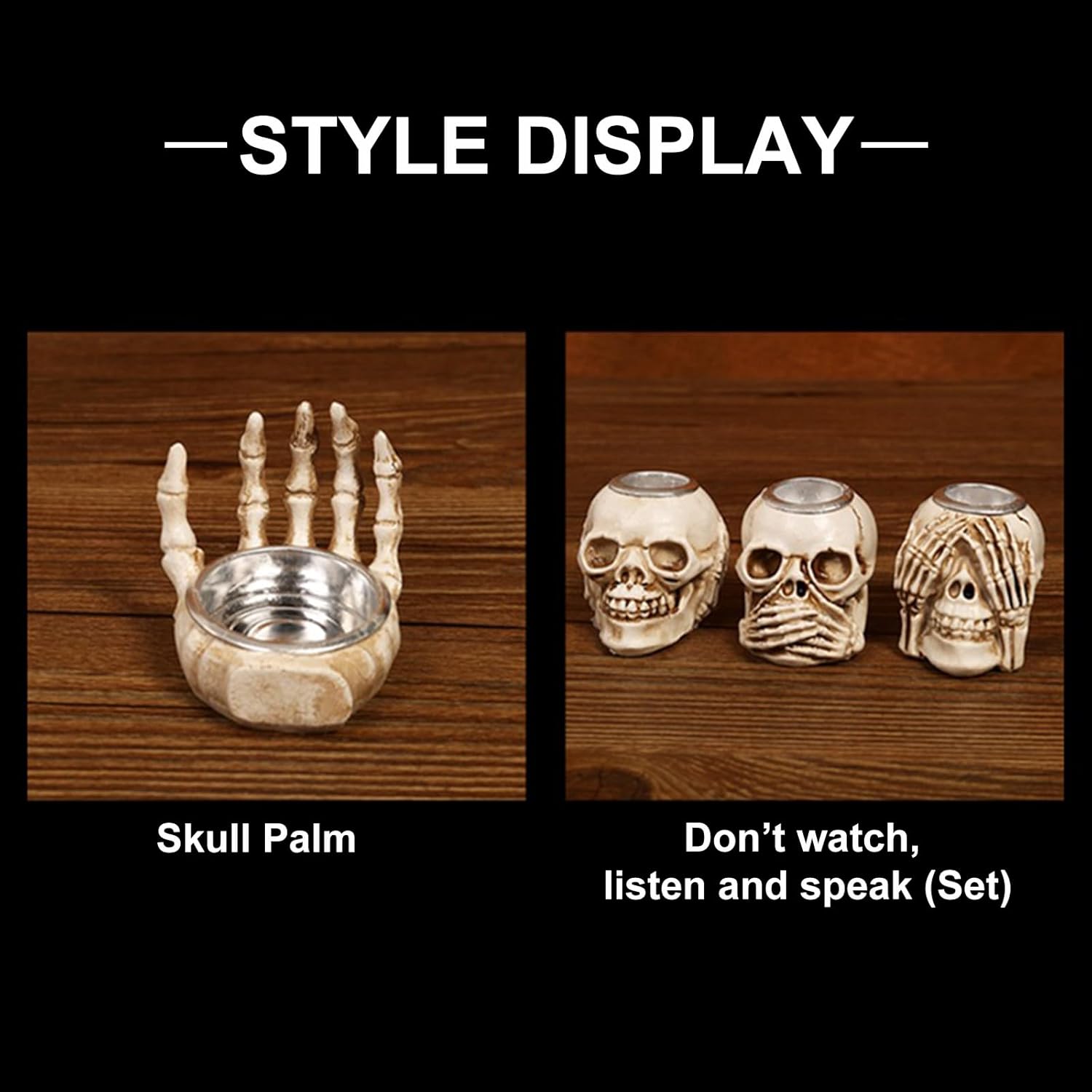 Whaline 4 portavelas de Halloween, diseño de esqueleto gótico, calavera de palma, candelabro, portavelas de resina para el hogar, mesa, temática
