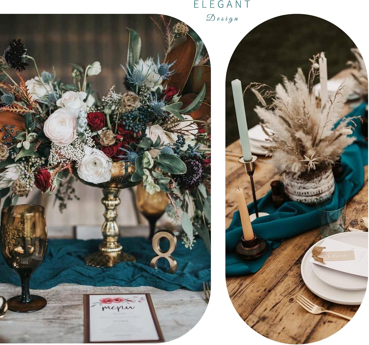 Paquete de 6 caminos de mesa de gasa semitransparentes color verde azulado de 10 pies, mantel de gasa bohemio rústico para decoración de bodas,