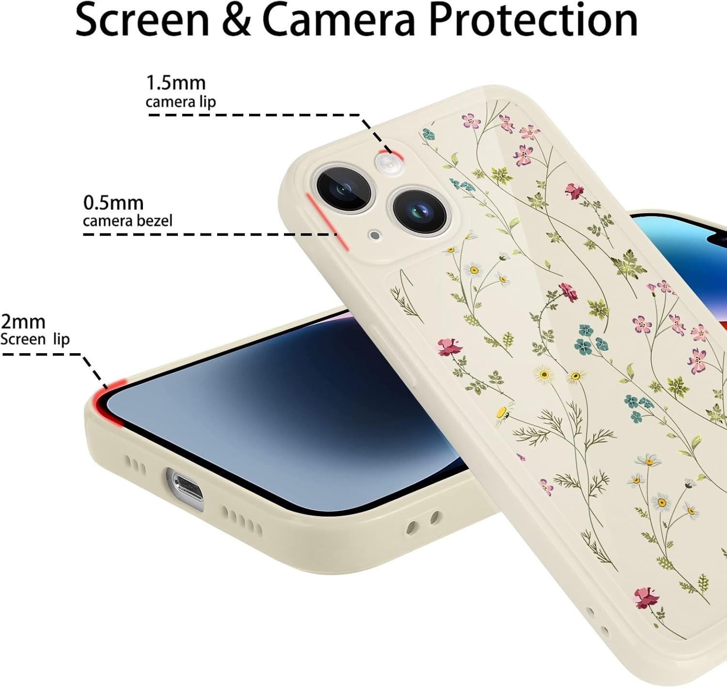 Paquete de 2 fundas de teléfono con estampado de flores retro para Apple iPhone 14 de 6.1 pulgadas, carcasa de silicona suave TPU diseño floral a la