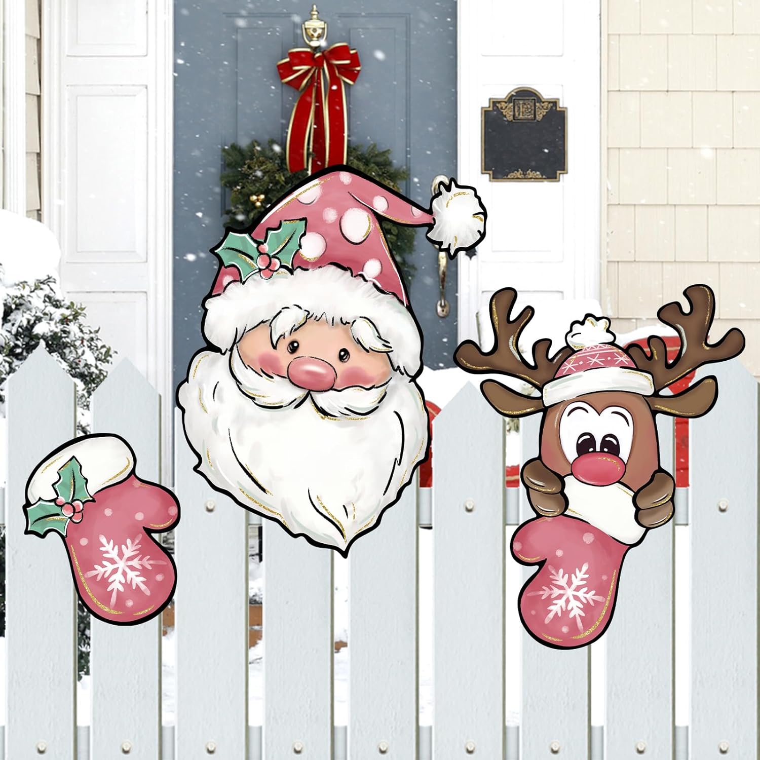Letrero de jardín de Navidad rosa con diseño de Papá Noel para patio, guantes de Navidad, alce, reno, adorno para decoración de árbol de patio al