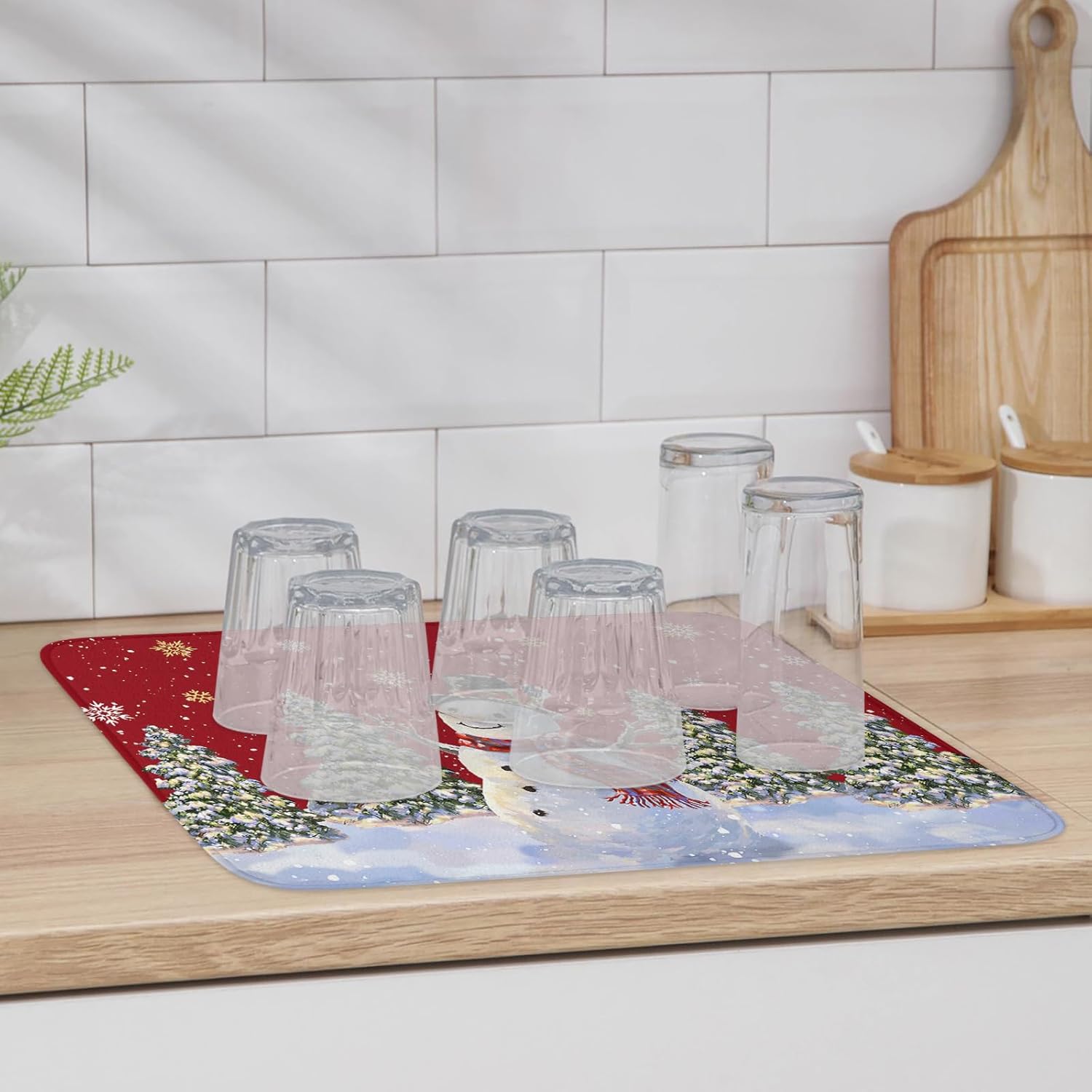 Tapete de secado de platos rojo de Navidad para encimera de cocina, tapete de cocina de secado de muñeco de nieve de Navidad para fregadero,