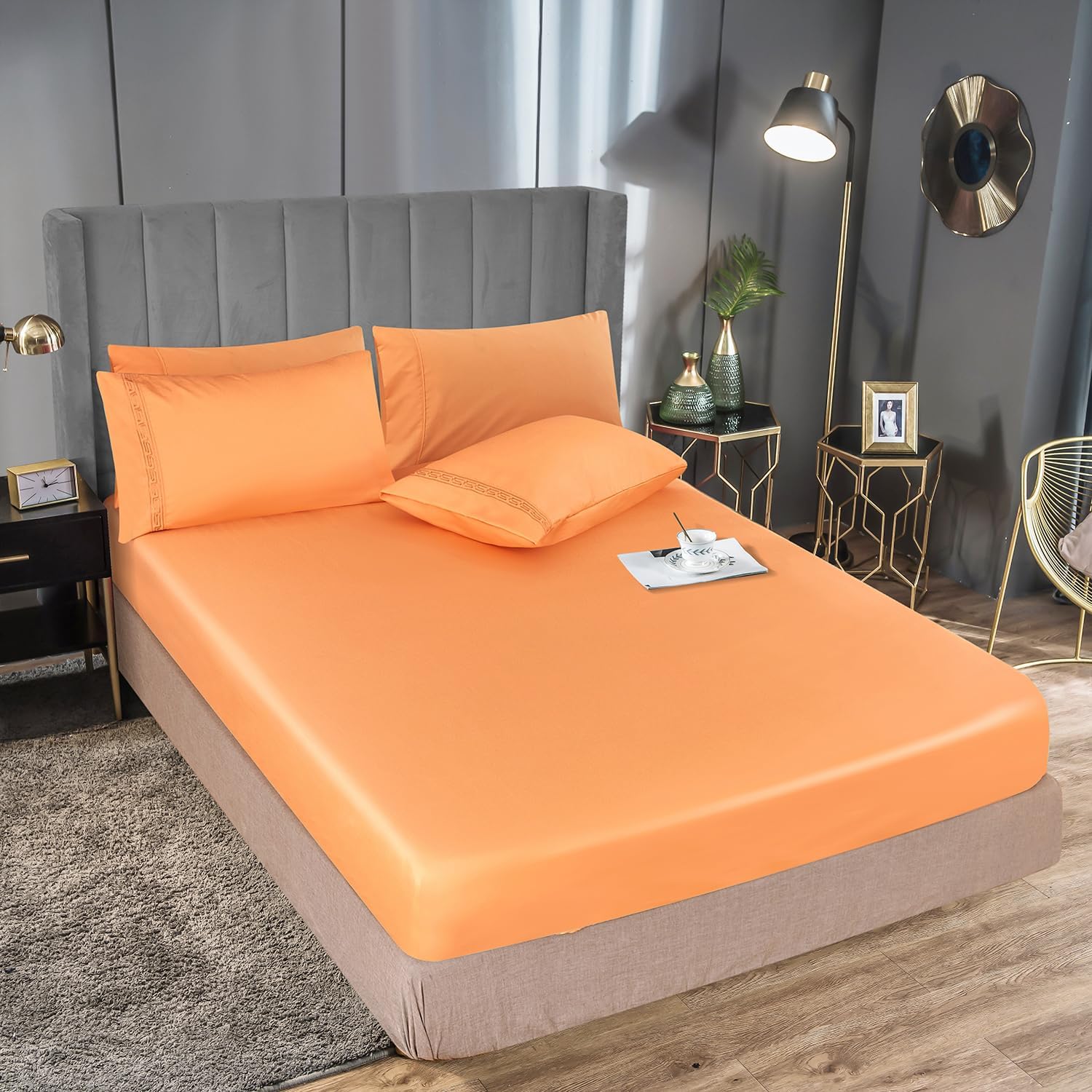 MCO Bedding King Bed Sheets Set – Bamboo Polyester Blended Sheets – Cooling Breathable Bedding Set with 16″ Deep Pocket (6 Pieces, King, Buff Orange)