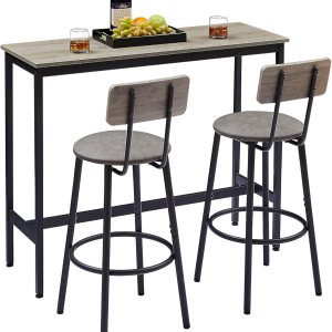 Juego con 2 taburetes de bar PU asiento suave con respaldo y reposapiés, sala de estar, comedor y espacios pequeños, fácil de montar, gris, mesa y Juego con 2 taburetes de bar PU asiento suave con respaldo y reposapiés, sala de estar, comedor y espacios pequeños, fácil de montar, gris, mesa y