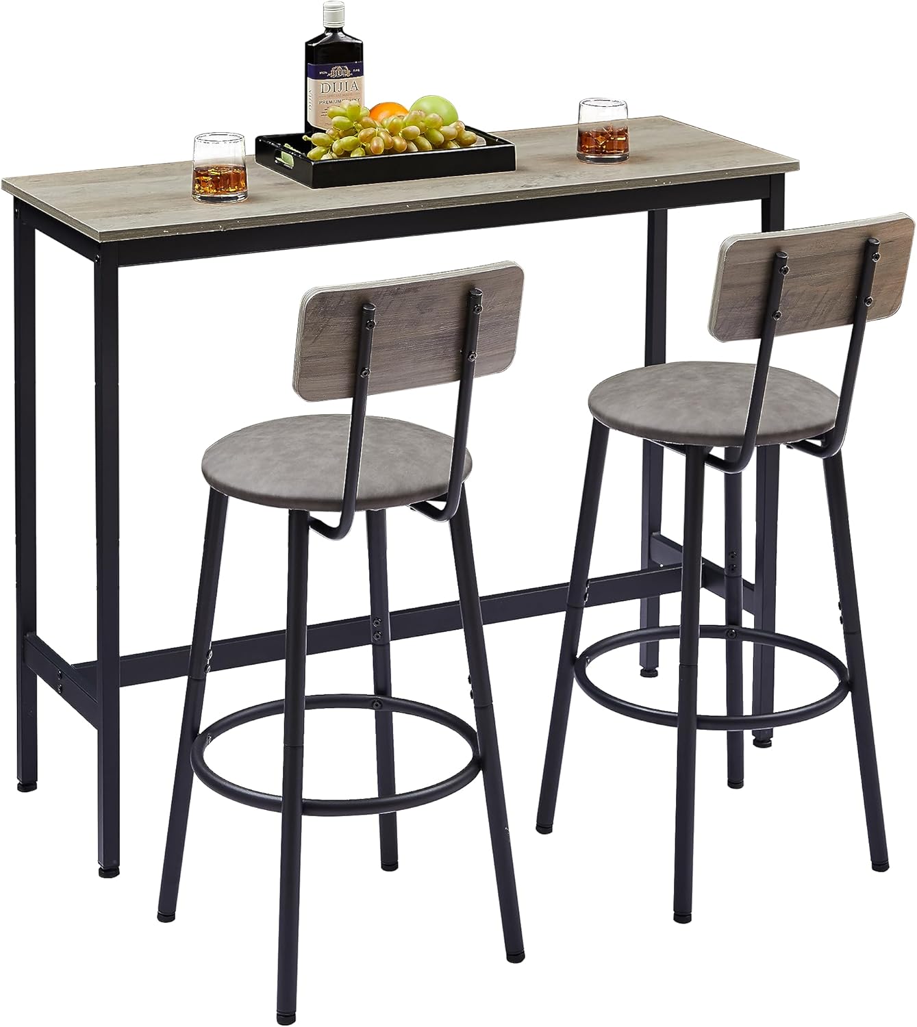 Juego con 2 taburetes de bar PU asiento suave con respaldo y reposapiés, sala de estar, comedor y espacios pequeños, fácil de montar, gris, mesa y