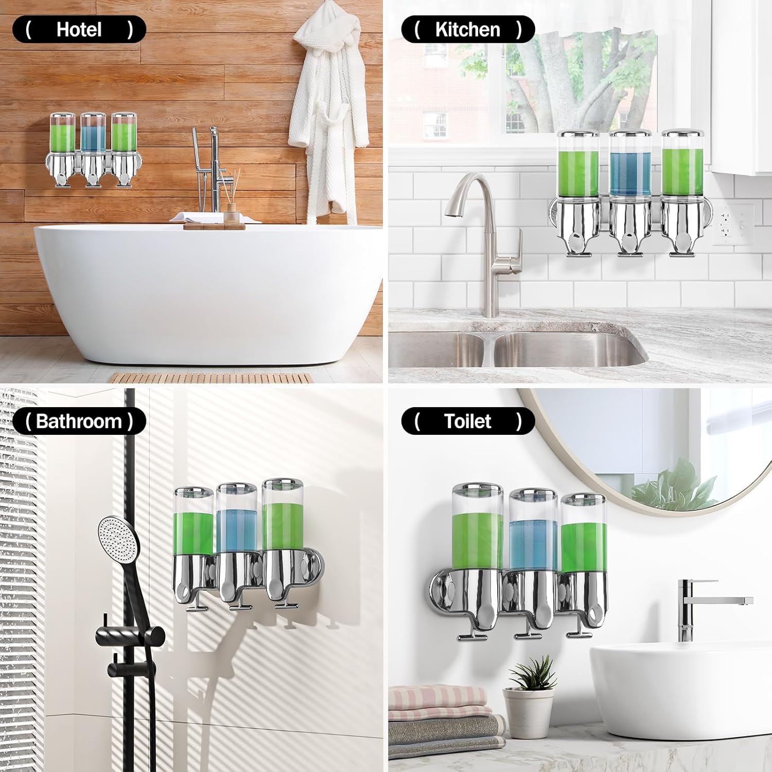 Dispensador de jabón de ducha de baño de cámara 3 en 1, dispensador de champú y acondicionador montado en la pared con etiqueta impermeable,
