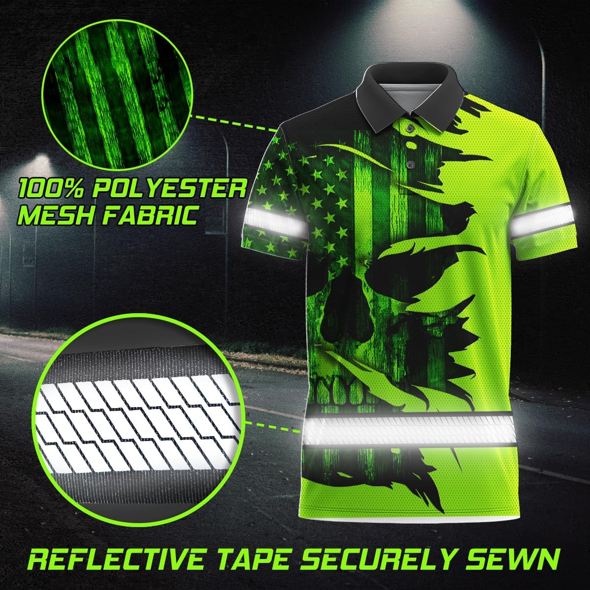 HiVis Custom Polo reflectante con bandera de camuflaje de alta visibilidad para hombres y mujeres, polo de seguridad para trabajo, patriótico