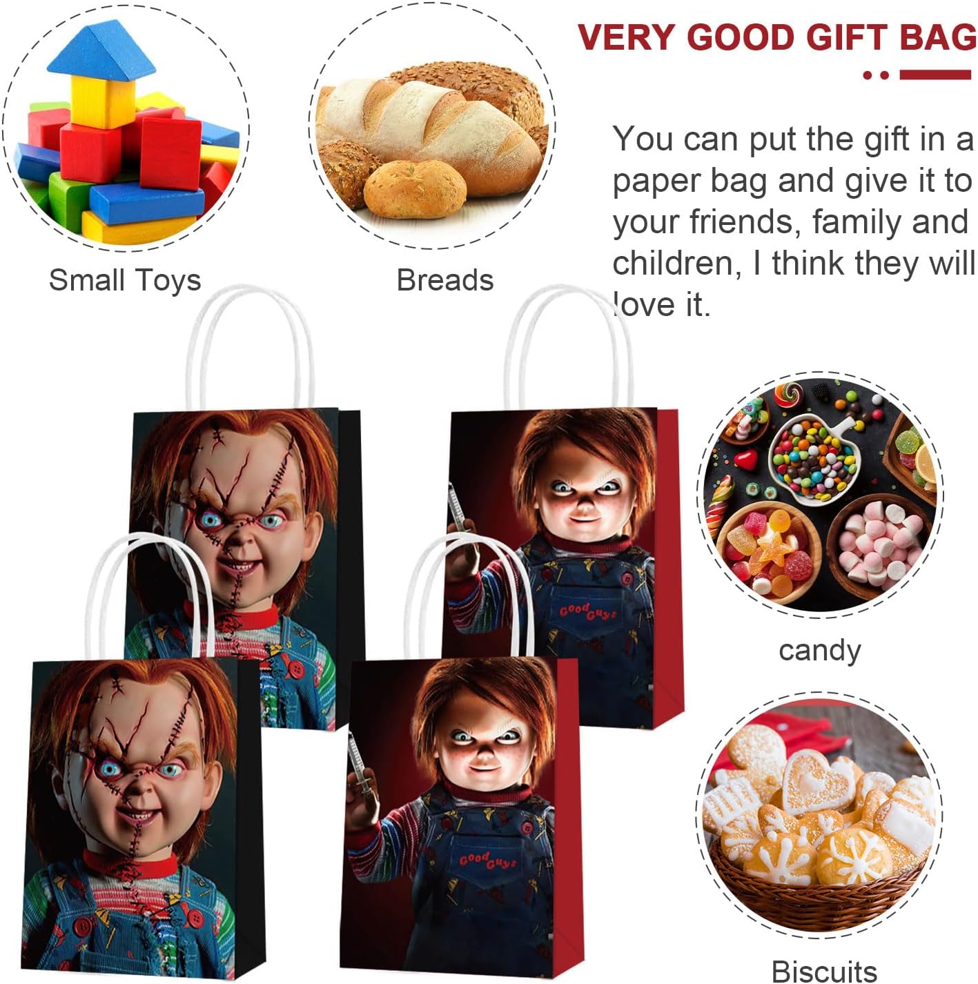 Chucky – 16 bolsas de regalo de papel para fiesta, 2 estilos, bolsas de recuerdo de fiesta con asas para decoraciones de fiesta de Chucky, bolsas de