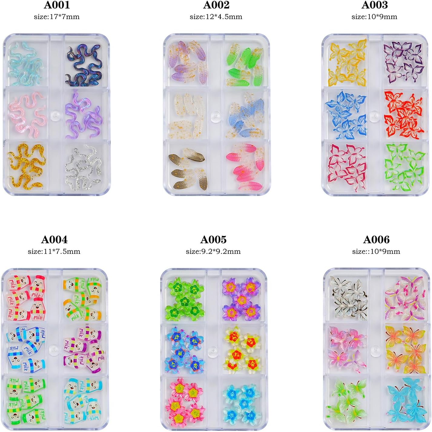 6 encantos de uñas en caja de 36 rejillas 3D para decoración de uñas, dijes de resina de color acrílico, blanco, rosa, negro, amarillo, verde,