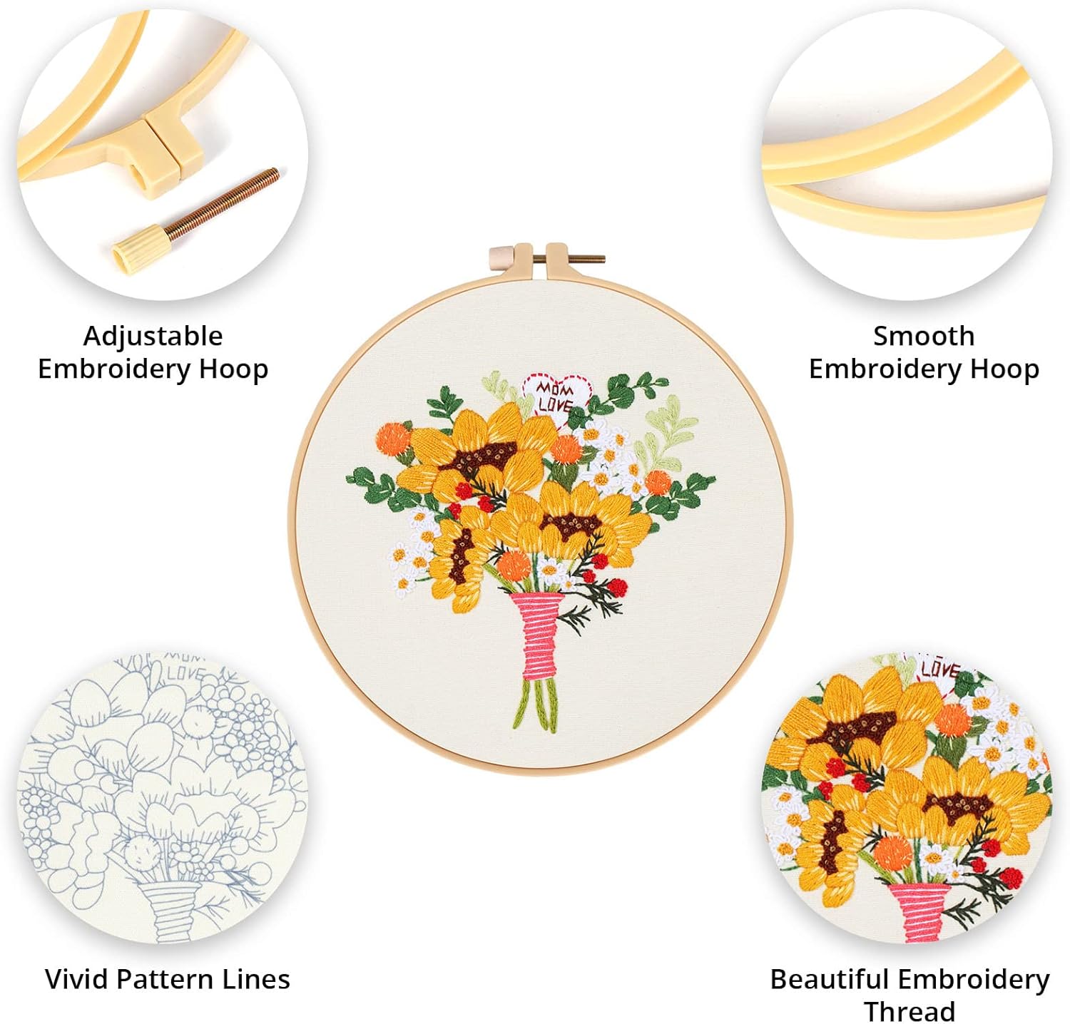 KAMEUN Kits de bordado temáticos para el Día de la Madre para adultos principiantes, 3 juegos de bordado para principiantes de bordado, kits de