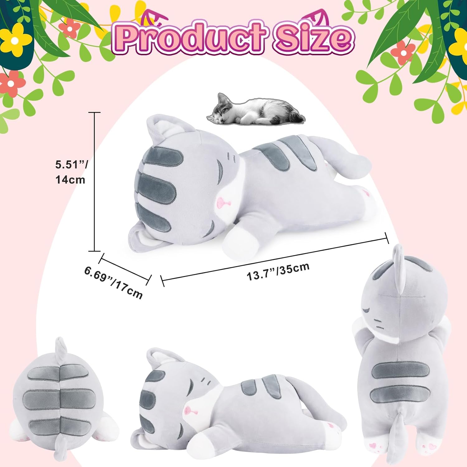 Achwishap Peluche de gato, almohada de felpa de gato, almohada suave de peluche kawaii para abrazar, lindos juguetes de peluche para niños y