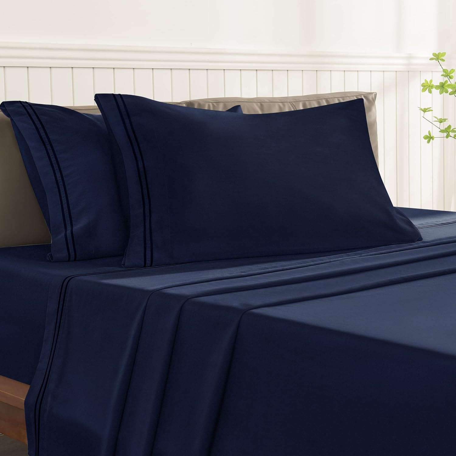 Juego de sábanas de 4 piezas de algodón Tencel refrescante con bolsillos profundos, sábana encimera de tamaño matrimonial, funda de almohada de