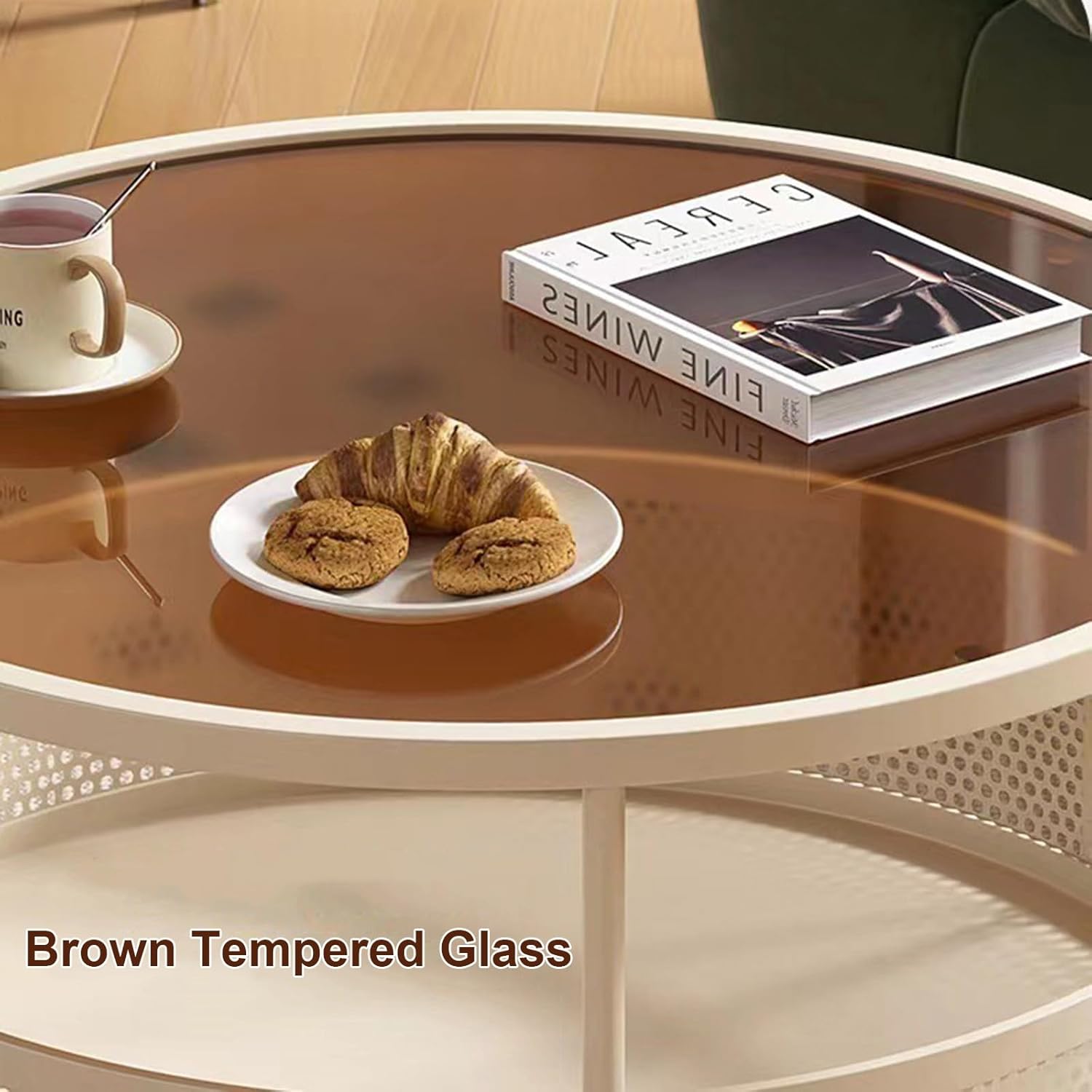 Mesa de centro de cristal con ruedas giratorias, mesa de té redonda de 2 niveles con cesta de almacenamiento hueca de hierro, moderna mesa central