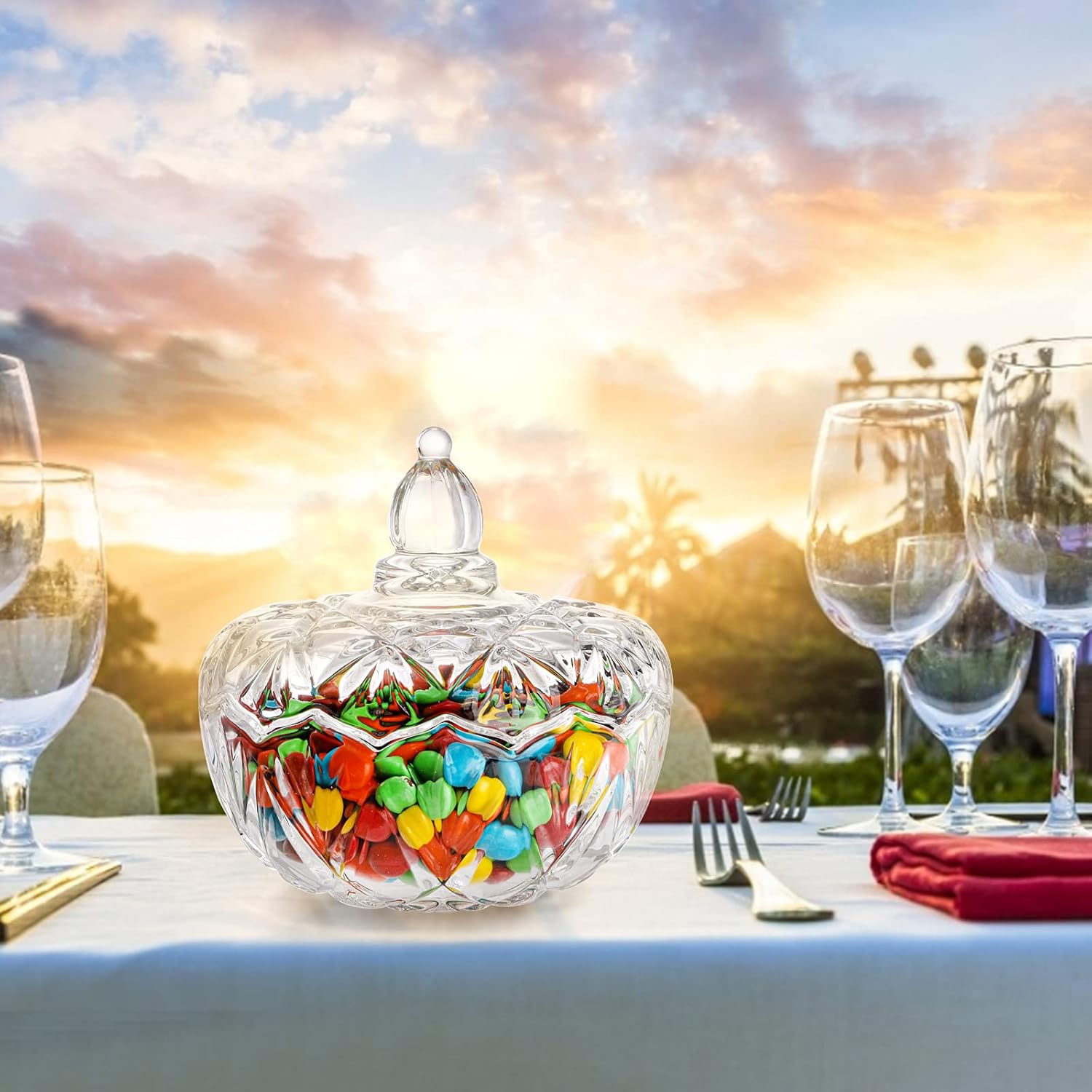 Youeon Juego de 4 platos de cristal para dulces con tapa, cuenco decorativo para dulces de 6.2 pulgadas, tarro de caramelo de cristal, tarro de