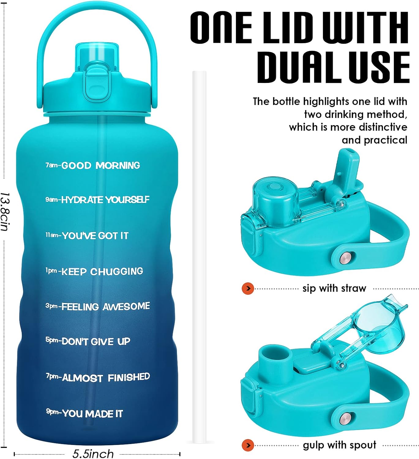 Botella de agua de un galón con popote, 128 onzas (3.8 L), libre de BPA – Innovadora botella deportiva con tapa 2 en 1 con recordatorios