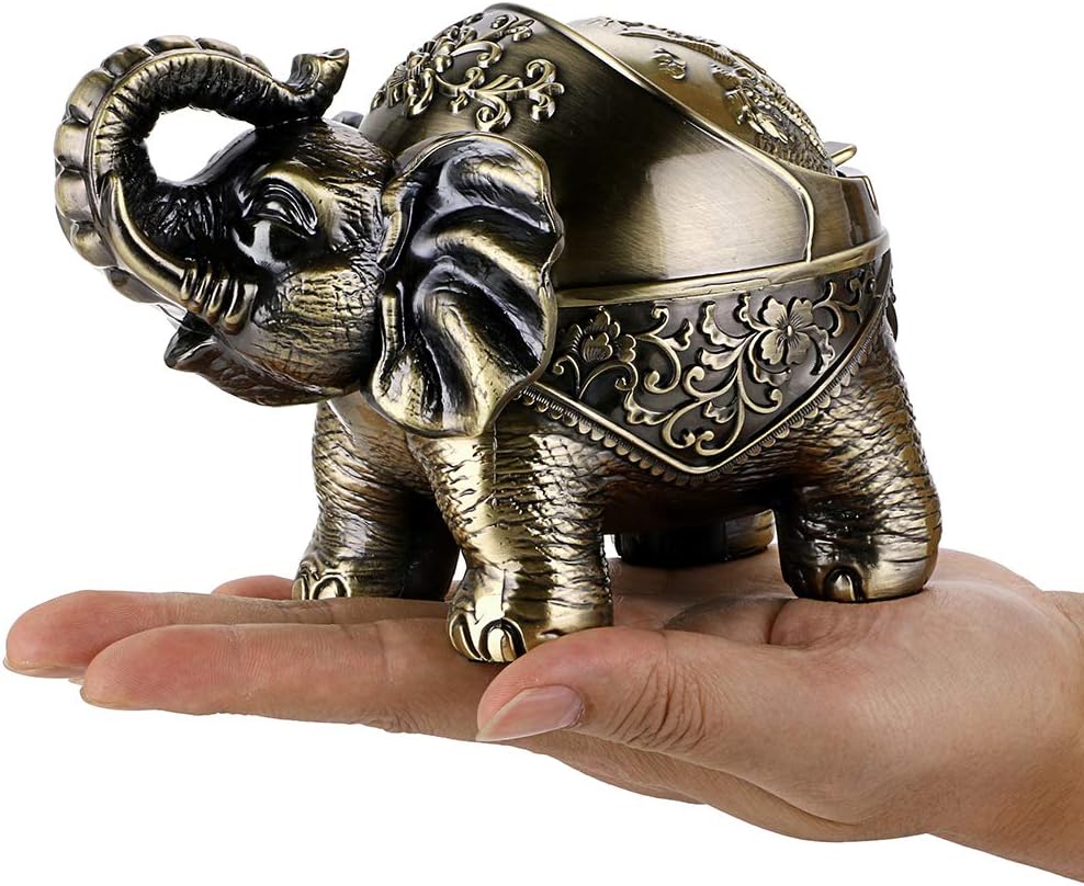 Hipiwe Cenicero de elefante resistente al viento con tapa, soporte de cenicero de metal de escritorio para uso en interiores o exteriores, bandeja