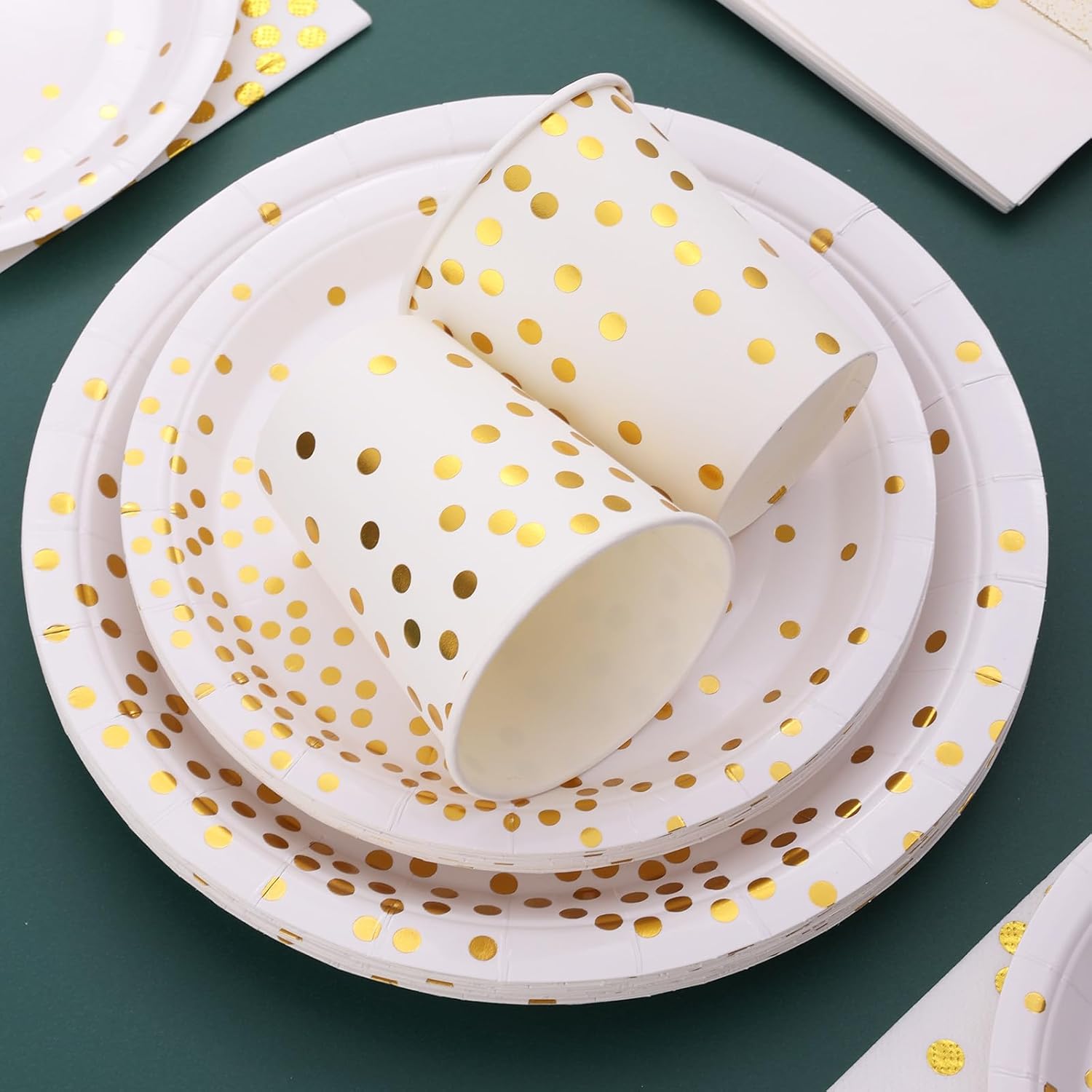 Juego de platos y servilletas de fiesta blancos y dorados, platos de papel desechables con puntos dorados, decoraciones de suministros de fiesta