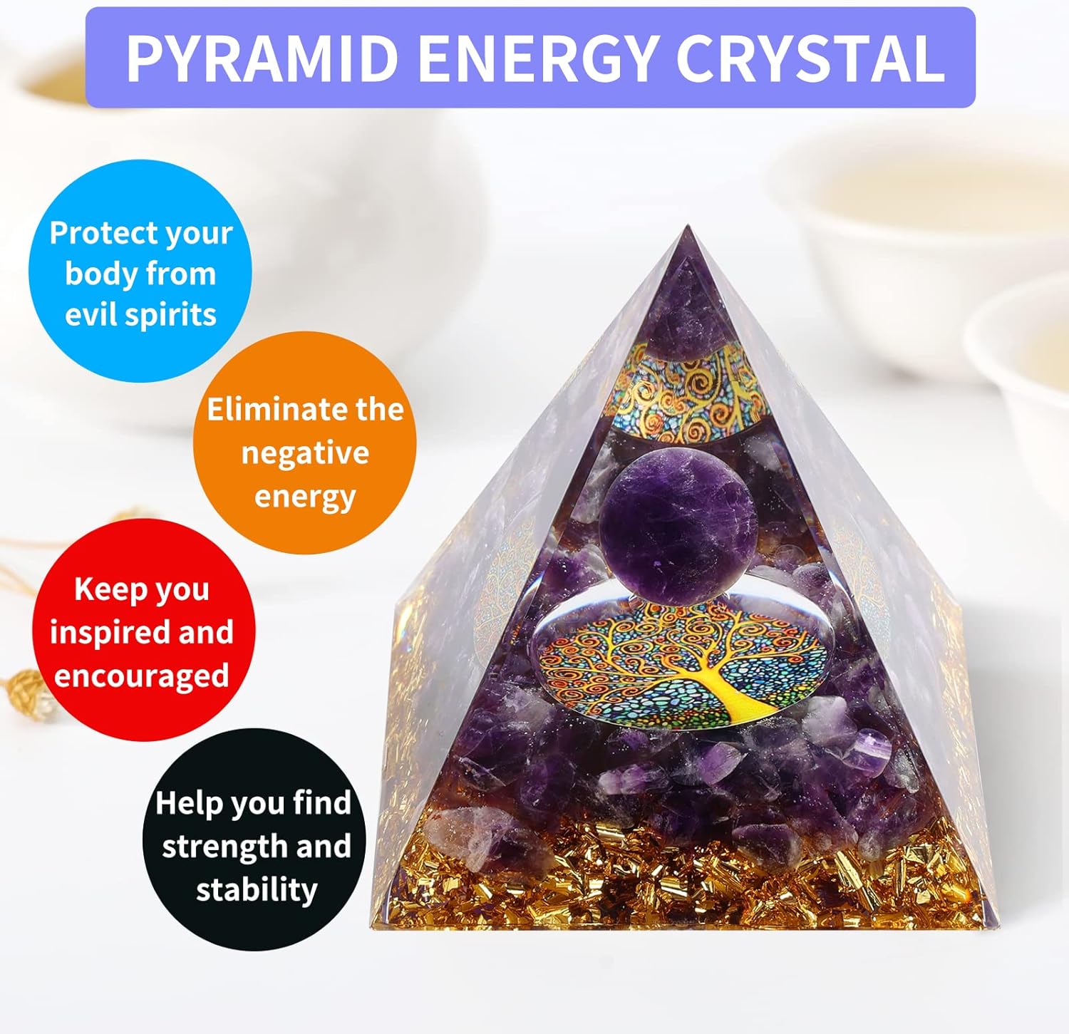 Pirámide de orgón para energía positiva, pirámides de cristal hechas a mano, bola de amatista, pirámides de cristal curativo para el estrés, reduce