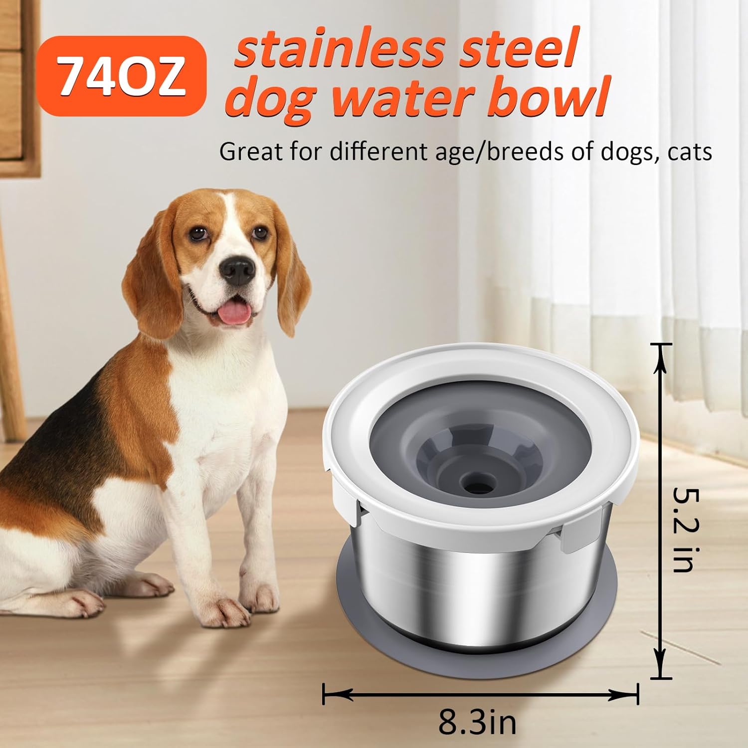 Cuenco de agua para perros de 74 onzas, sin derrames, dispensador de agua para perros, de acero inoxidable, portátil, alimentador lento, cuenco de