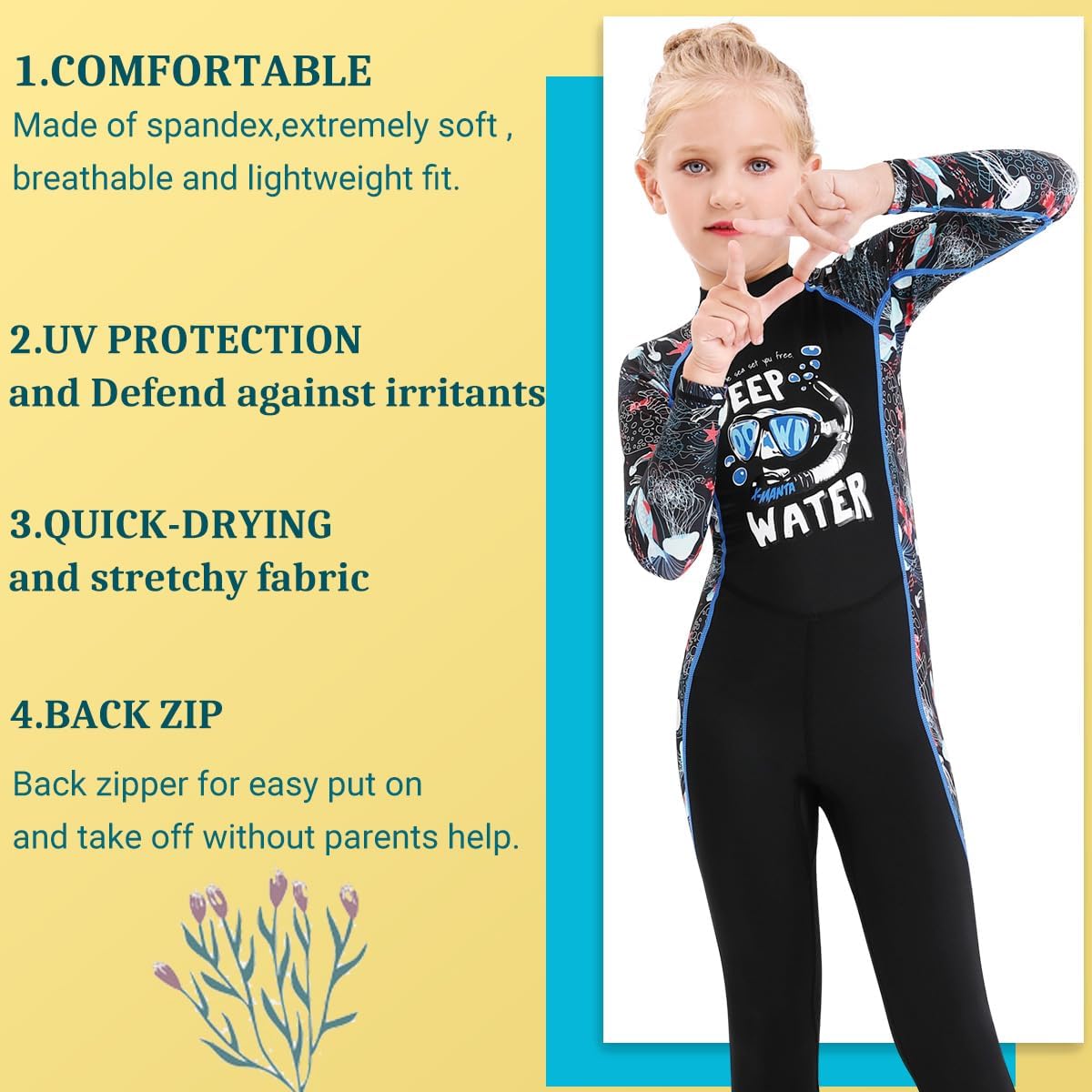 Traje de baño de cuerpo completo de una pieza de manga larga para niños, traje de baño de protección solar para niños y niñas
