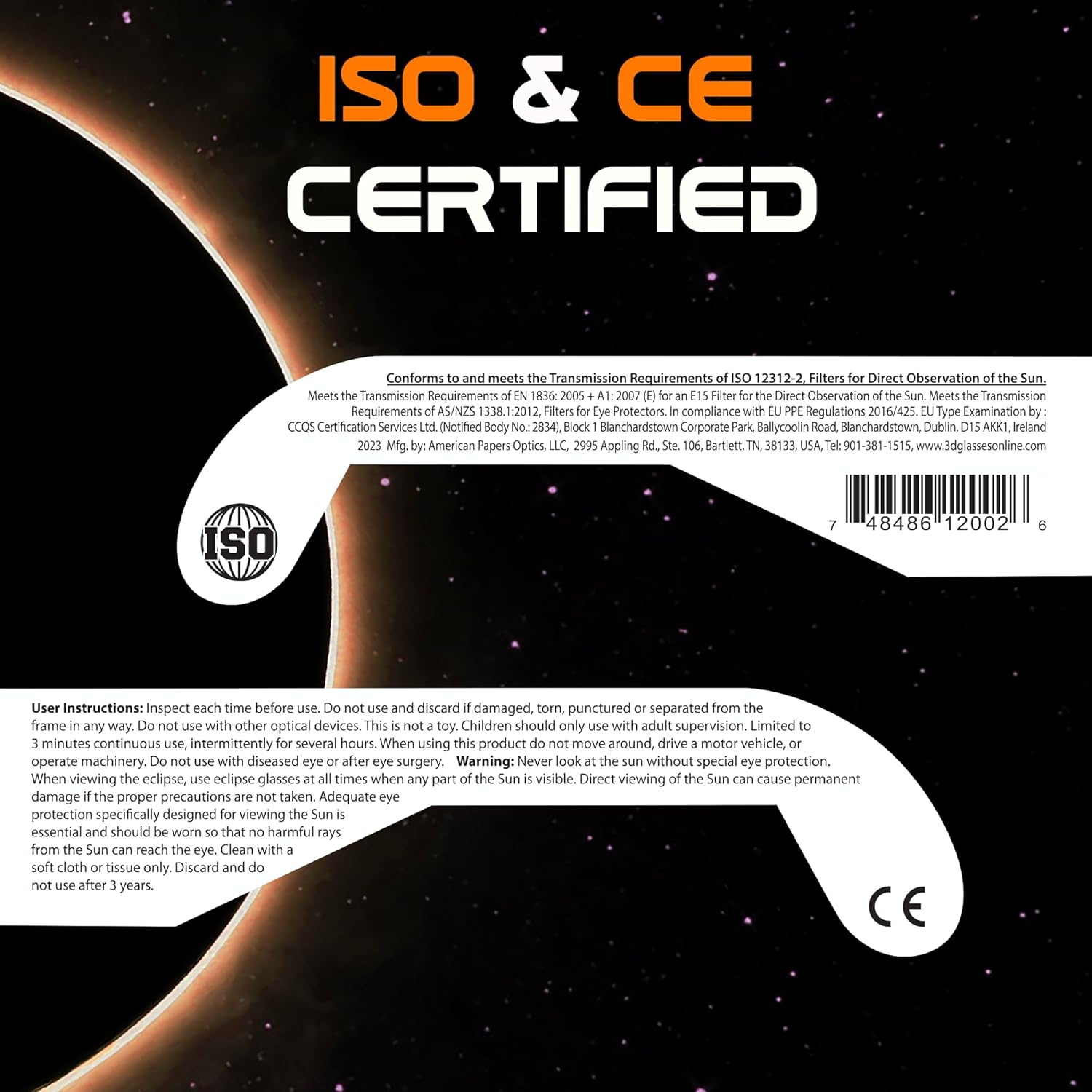 Paquete de 50 lentes para eclipse solar, aprobados por la AAS 2024, fabricados en Estados Unidos, con certificación ISO 12312-2 y lentes de visión