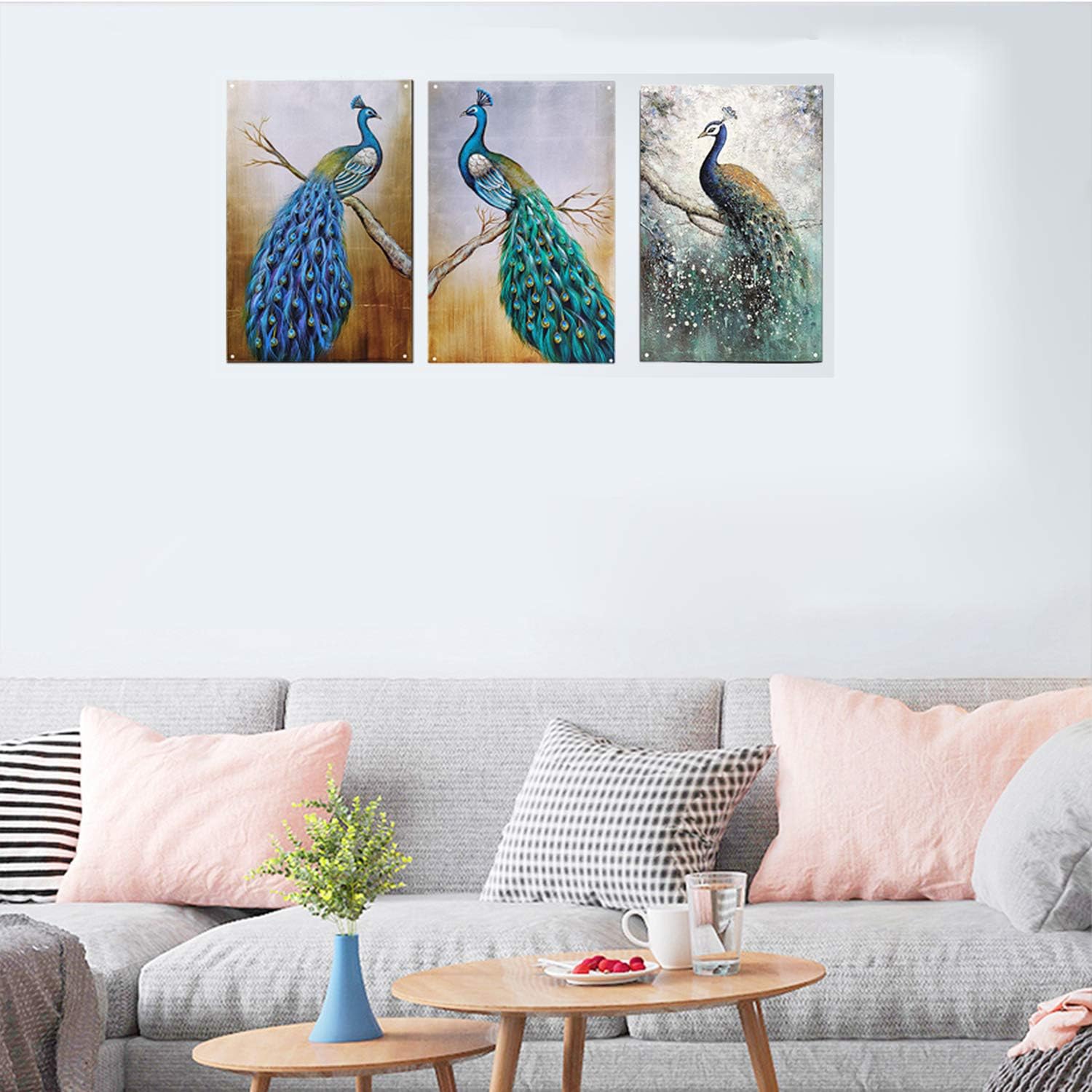 TISOSO Dos pavos reales, hermoso arte de pared, letrero de metal, decoración de pared para sala de estar, barra de arte vintage, decoración del