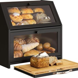 BMOSU Panera con tabla de cortar, almacenamiento y organizador de pan de cocina, encimera de granja, panera doble de madera de bambú, cubo de gran BMOSU Panera con tabla de cortar, almacenamiento y organizador de pan de cocina, encimera de granja, panera doble de madera de bambú, cubo de gran