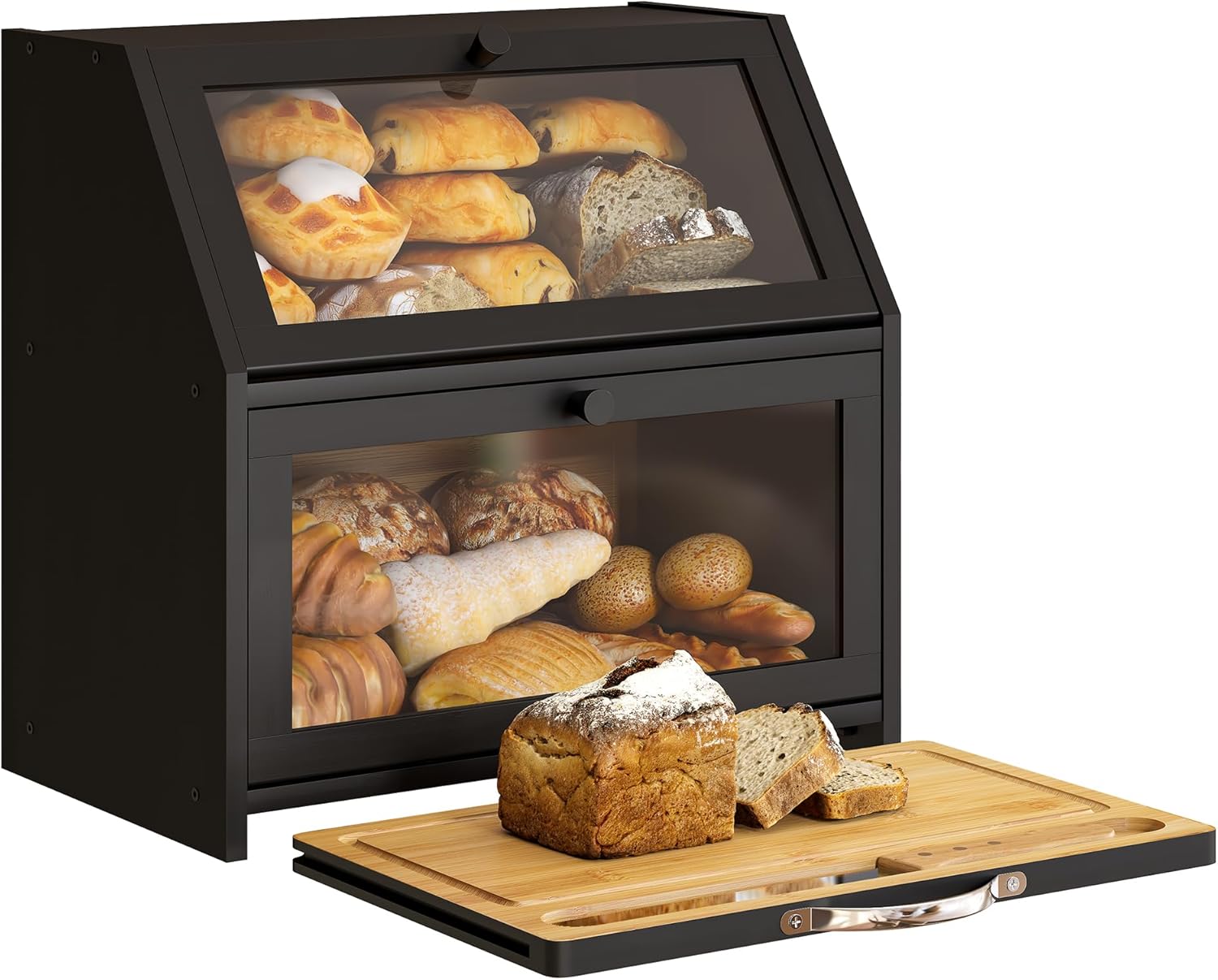 BMOSU Panera con tabla de cortar, almacenamiento y organizador de pan de cocina, encimera de granja, panera doble de madera de bambú, cubo de gran