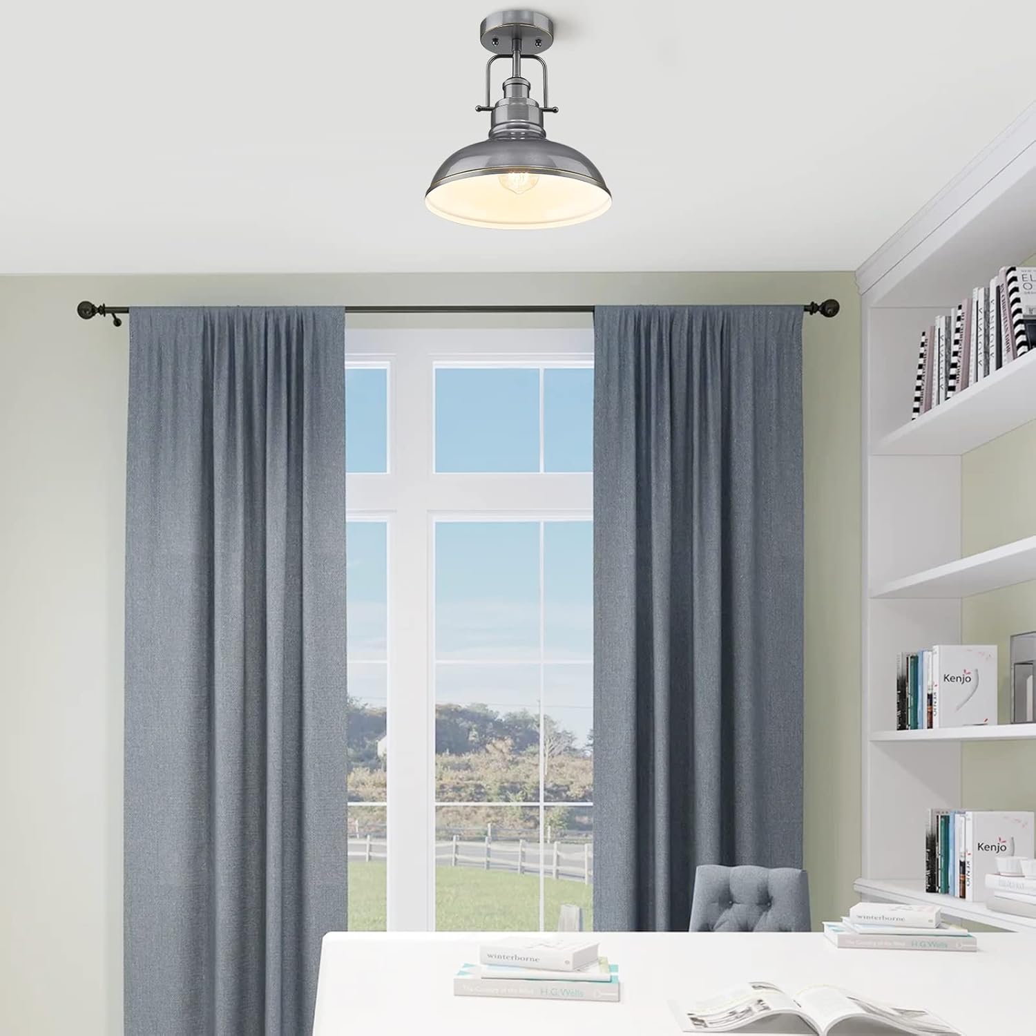 zeyu ZY41-F SG – Lámpara de techo industrial moderna de montaje semiempotrado de 11 pulgadas para cocina, dormitorio, loft, acabado gris, ZY41-F SG